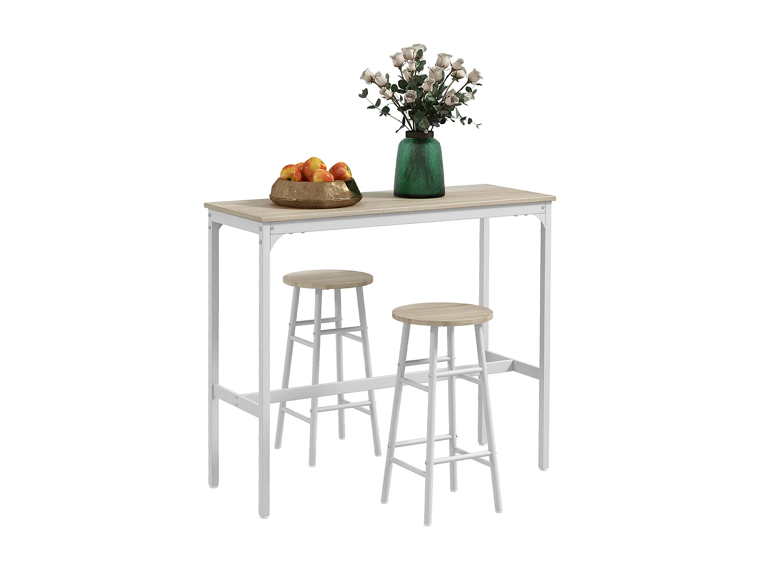 Set tavolo alto e 2 sgabelli da bar stile industriale bianco e rovere