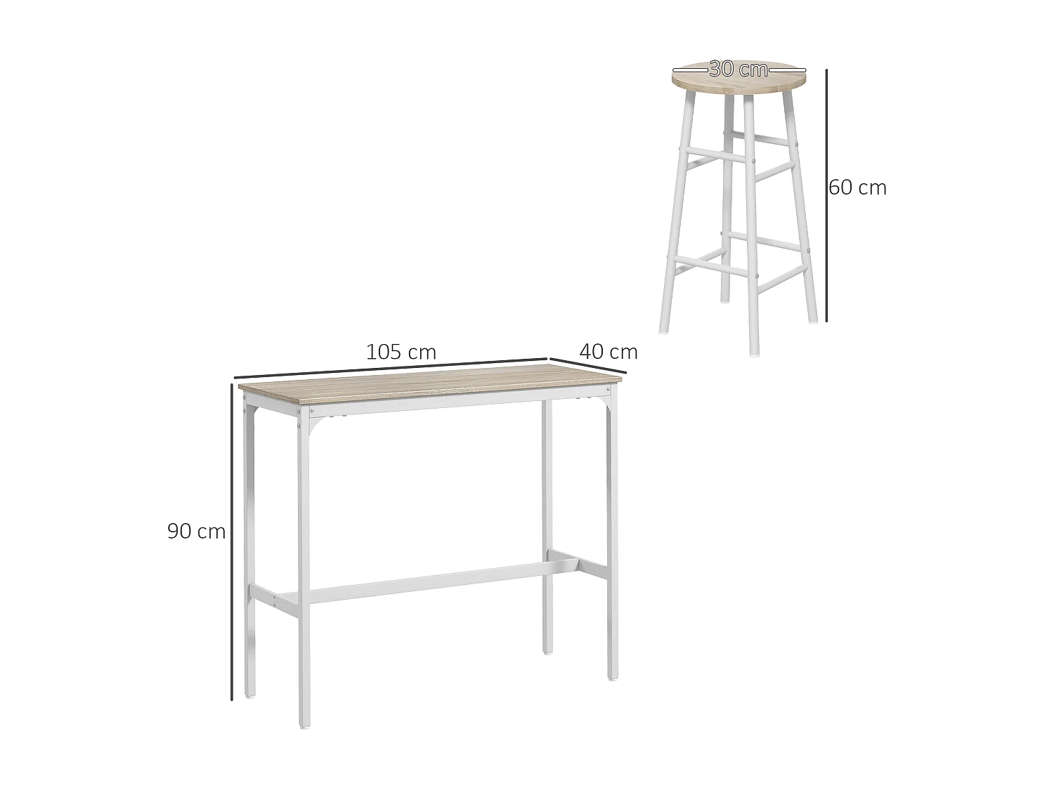 Set tavolo alto e 2 sgabelli da bar stile industriale bianco e rovere