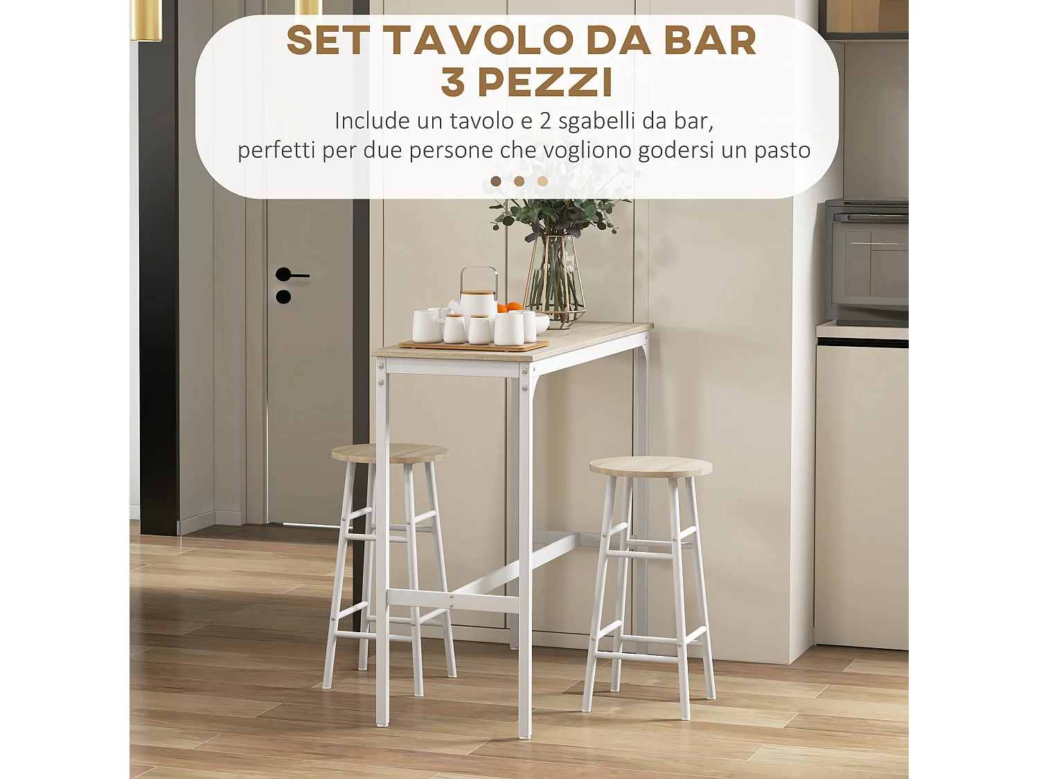 Set tavolo alto e 2 sgabelli da bar stile industriale bianco e rovere