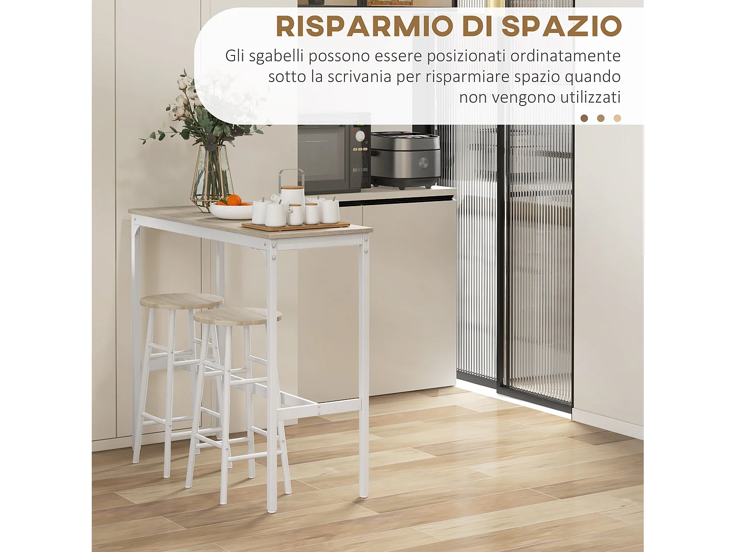 Set tavolo alto e 2 sgabelli da bar stile industriale bianco e rovere
