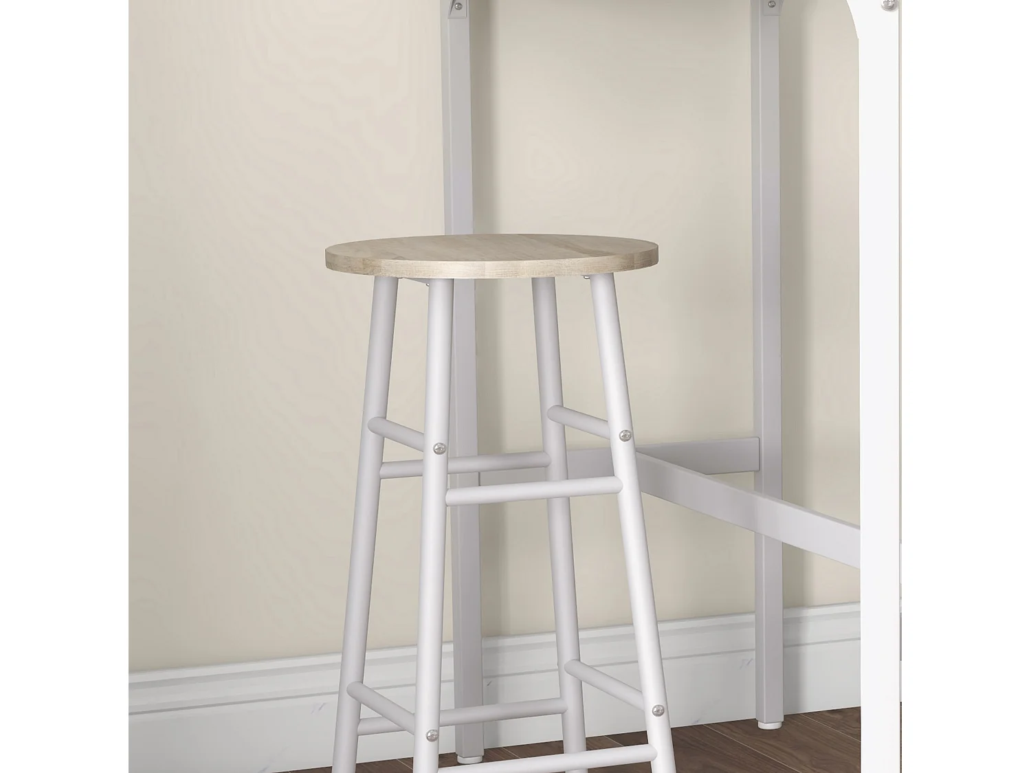 Set tavolo alto e 2 sgabelli da bar stile industriale bianco e rovere