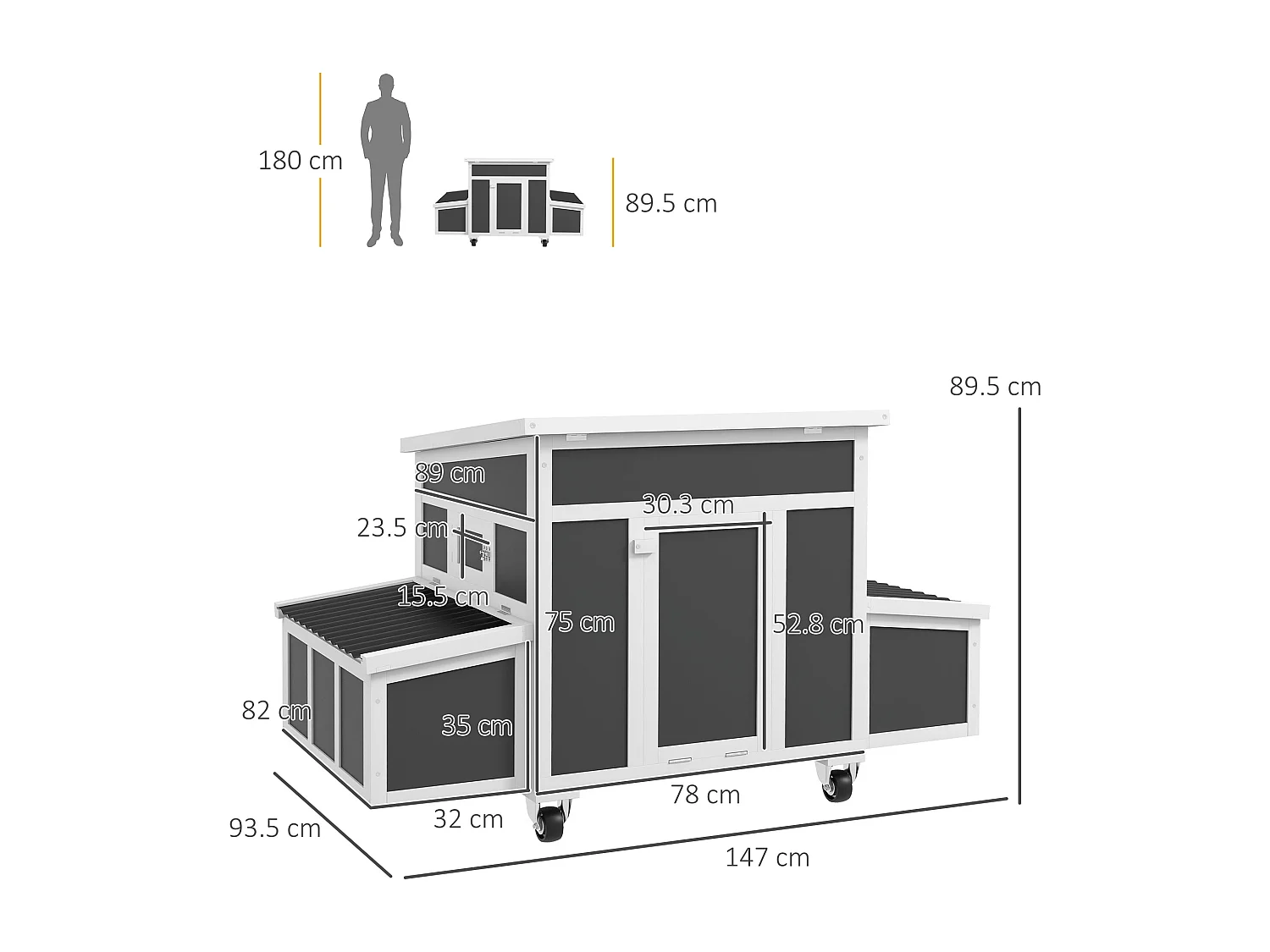 Pollaio per 1-6 galline con 2 nidi per la cova e tetto apribile grigio