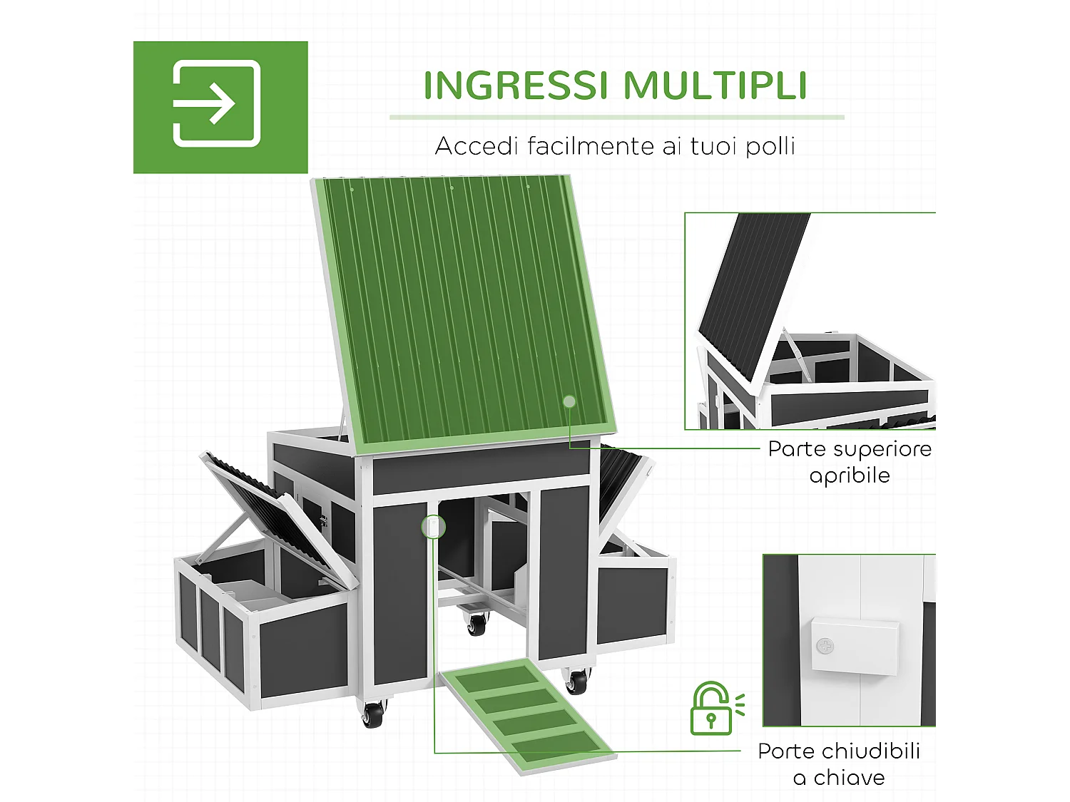 Pollaio per 1-6 galline con 2 nidi per la cova e tetto apribile grigio