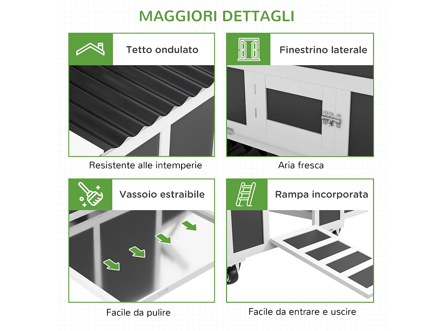 Pollaio per 1-6 galline con 2 nidi per la cova e tetto apribile grigio