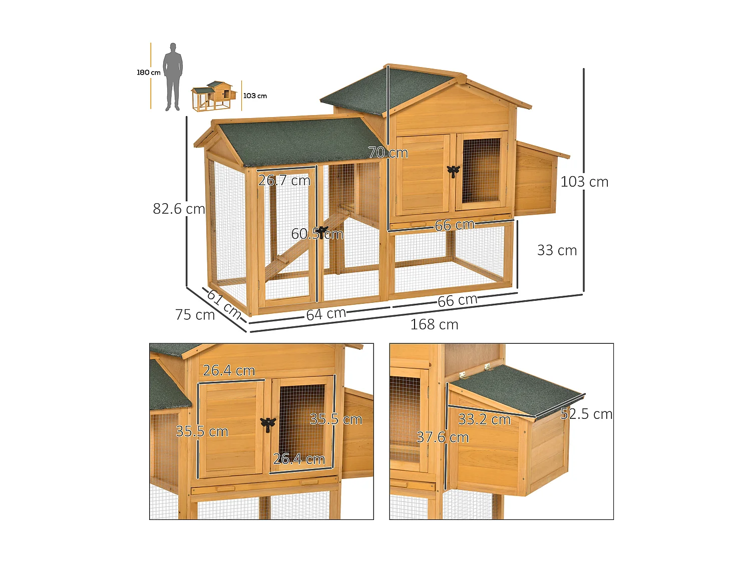 Pollaio in legno casetta per galline e area aperta 168x75x103cm