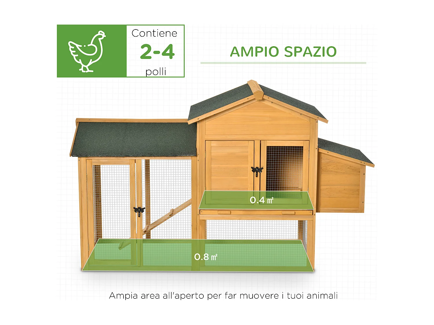 Pollaio in legno casetta per galline e area aperta 168x75x103cm