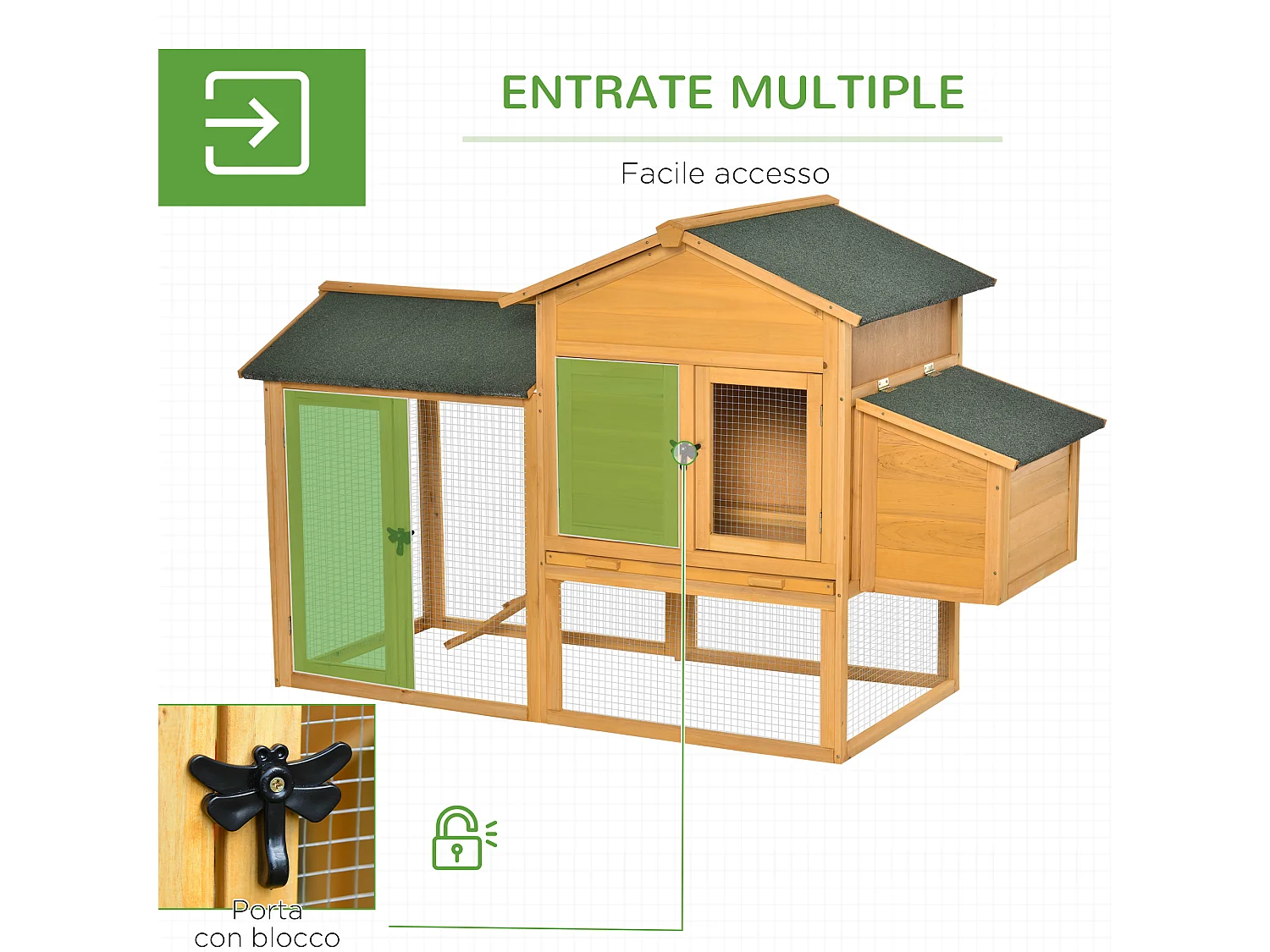 Pollaio in legno casetta per galline e area aperta 168x75x103cm
