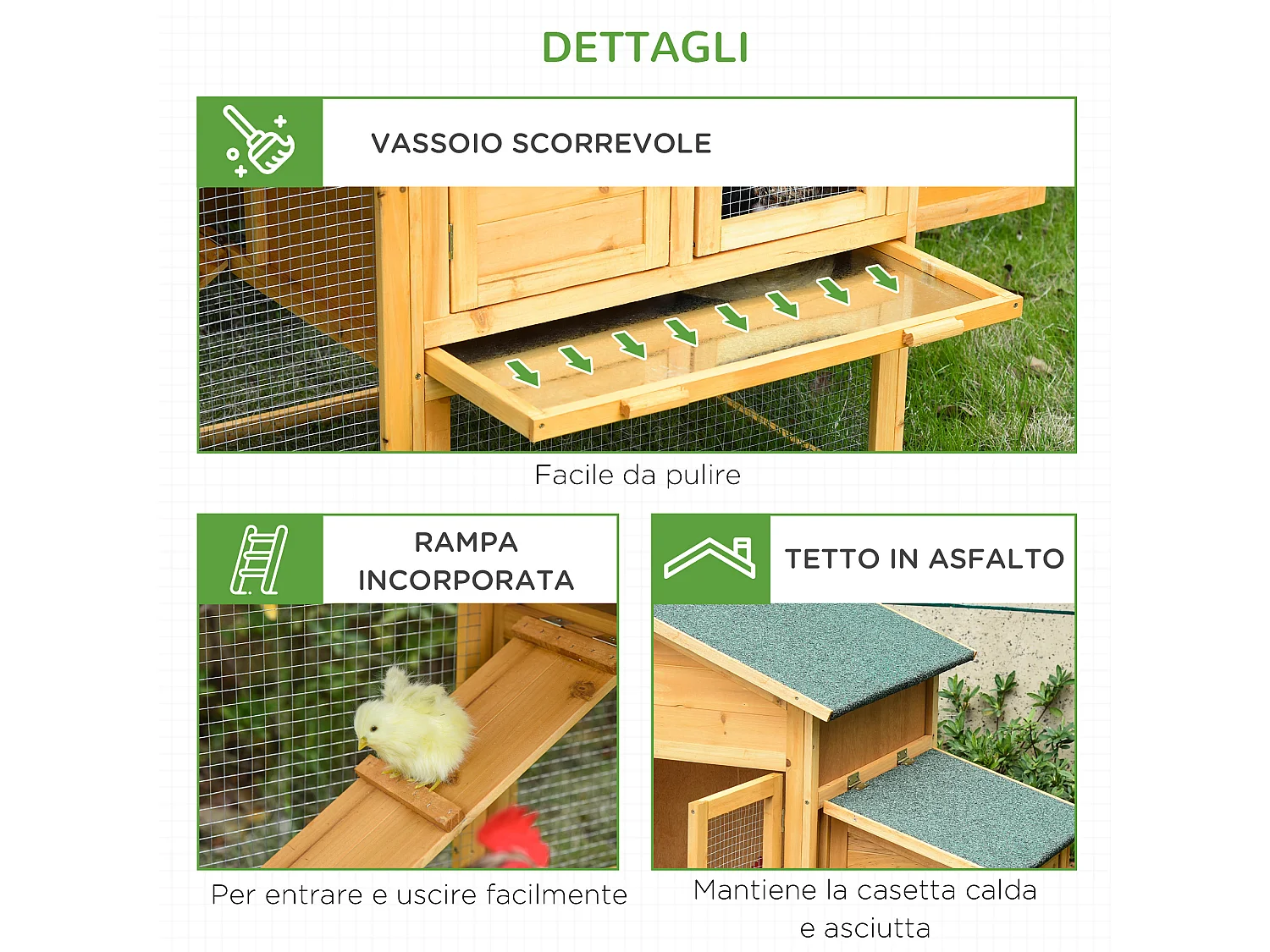 Pollaio in legno casetta per galline e area aperta 168x75x103cm