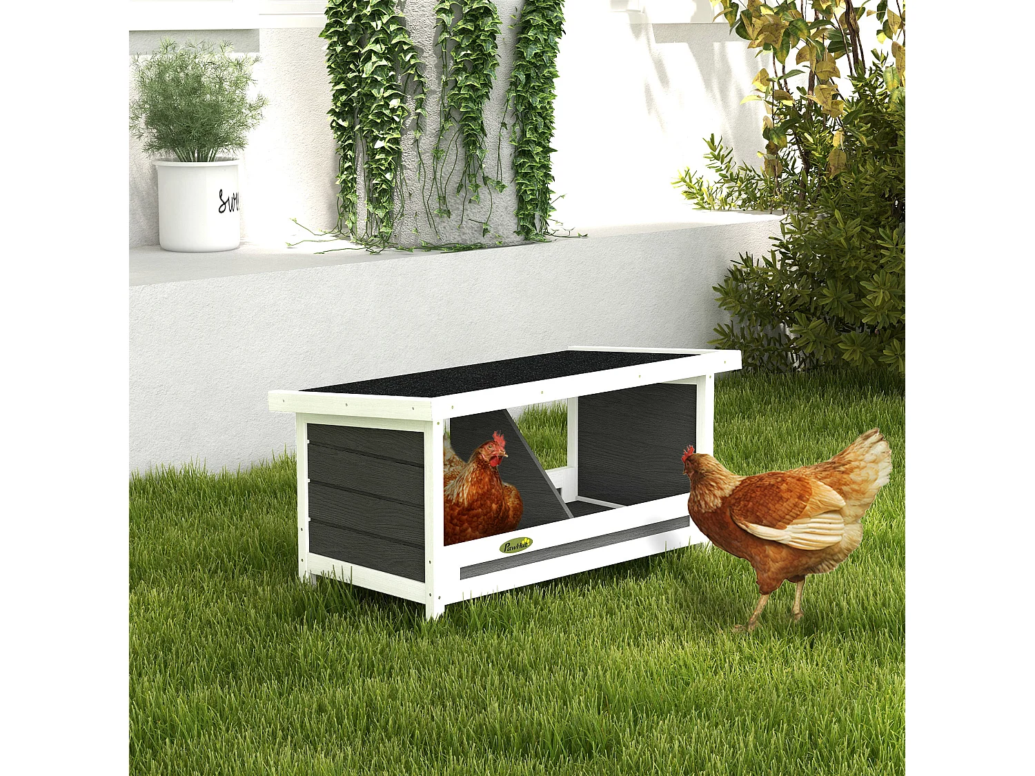 Nido per galline a 2 aree in legno con base rialzata e tetto in bitume