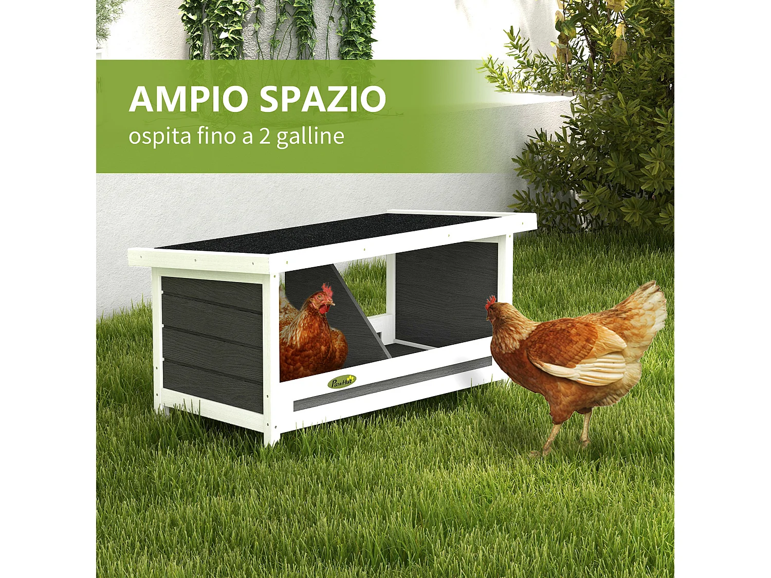 Nido per galline a 2 aree in legno con base rialzata e tetto in bitume