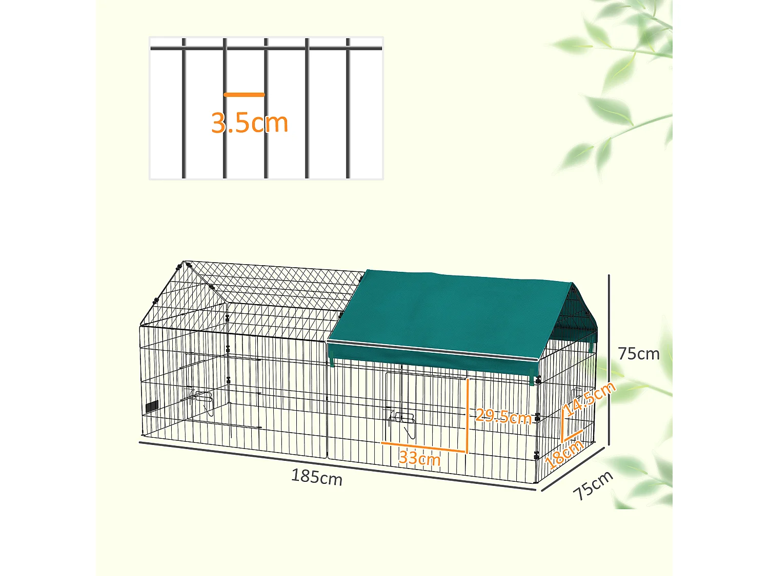 Gabbia per conigli con tettuccio 185x75x75 cm in acciaio verde