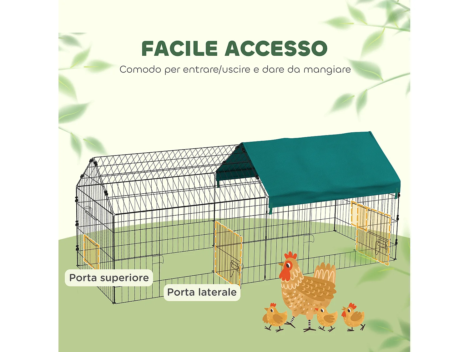 Gabbia per conigli con tettuccio 185x75x75 cm in acciaio verde