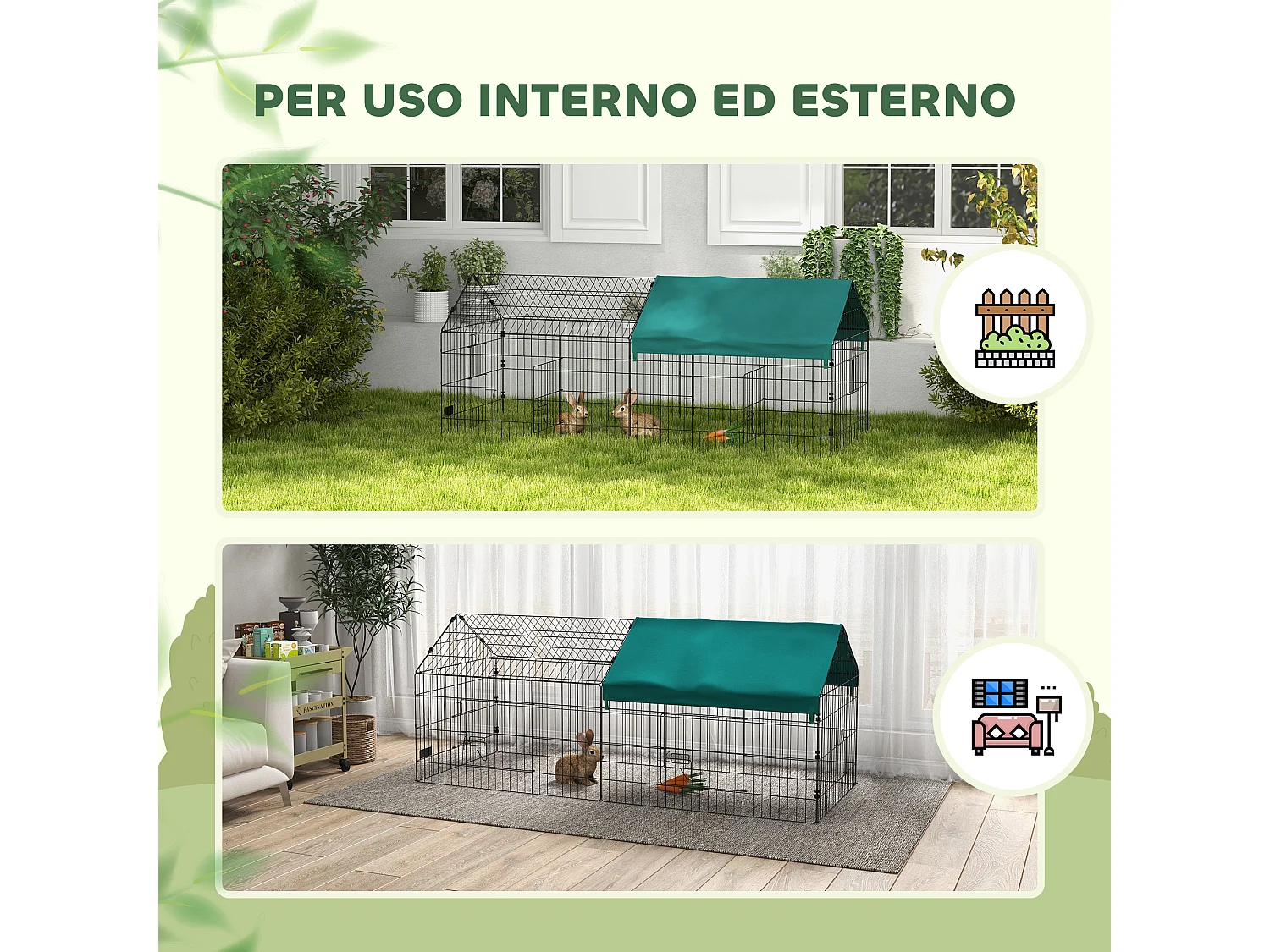 Gabbia per conigli con tettuccio 185x75x75 cm in acciaio verde