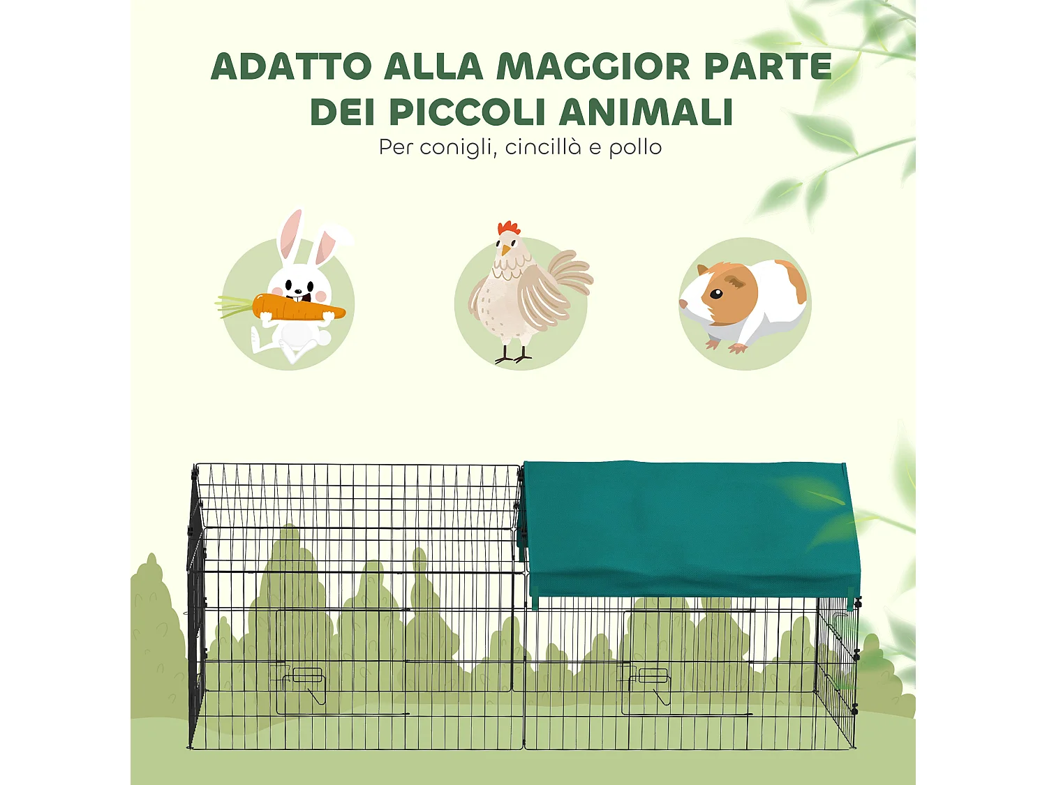 Gabbia per conigli con tettuccio 185x75x75 cm in acciaio verde