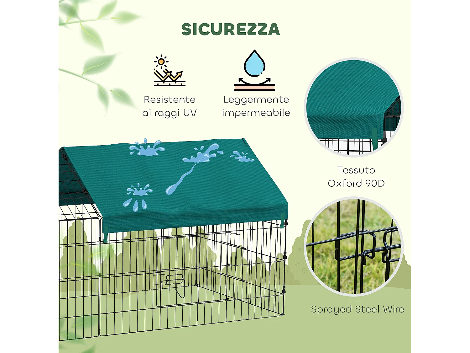 Gabbia per conigli con tettuccio 185x75x75 cm in acciaio verde