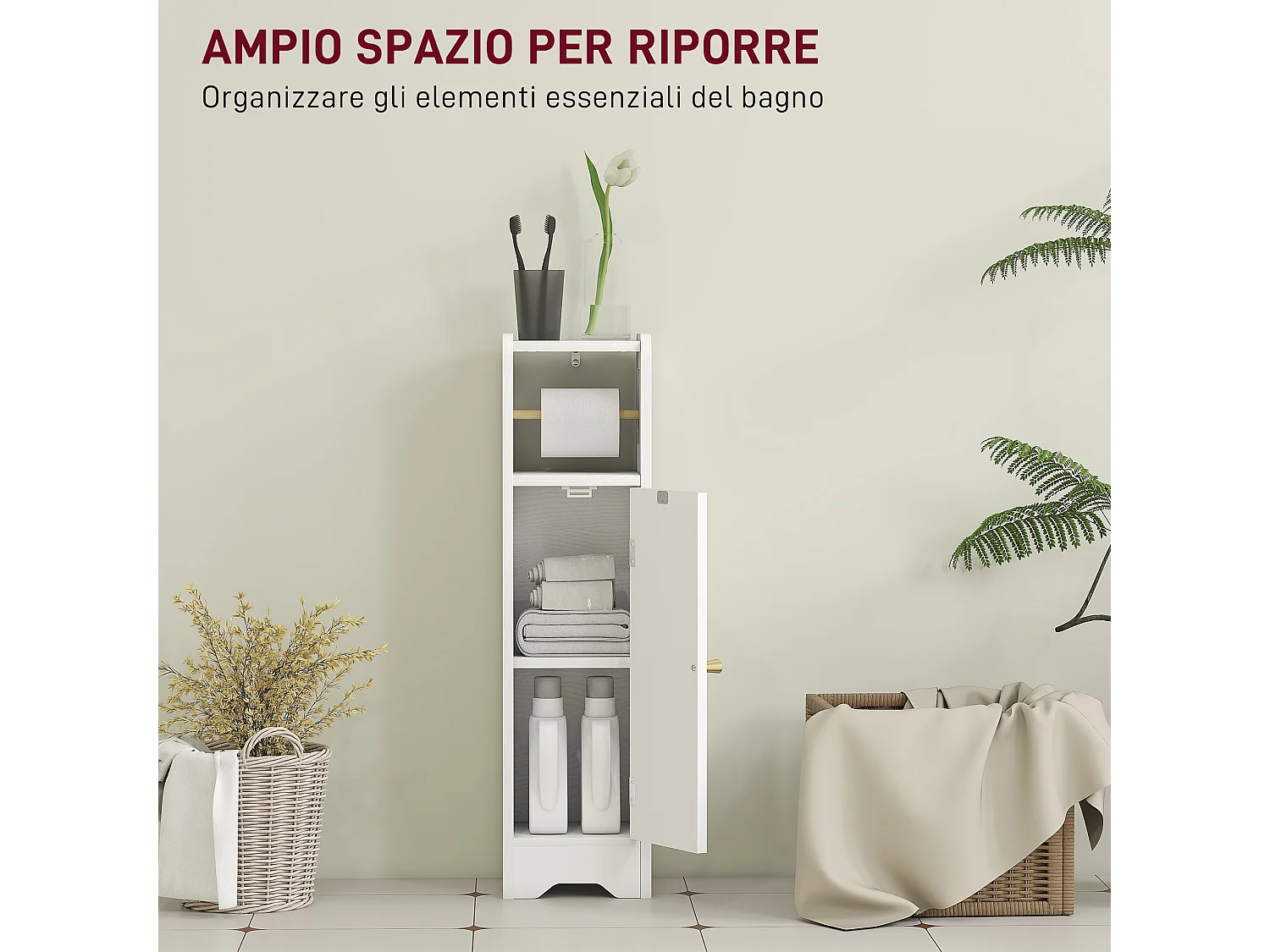 Mobile porta carta igienica in legno con armadietto regolabile bianco