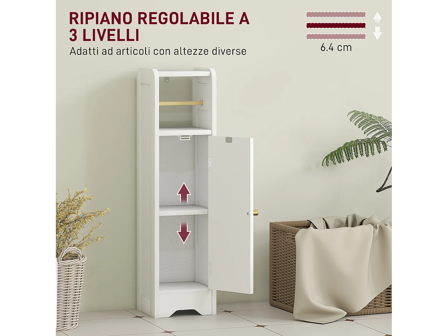 Mobile porta carta igienica in legno con armadietto regolabile bianco