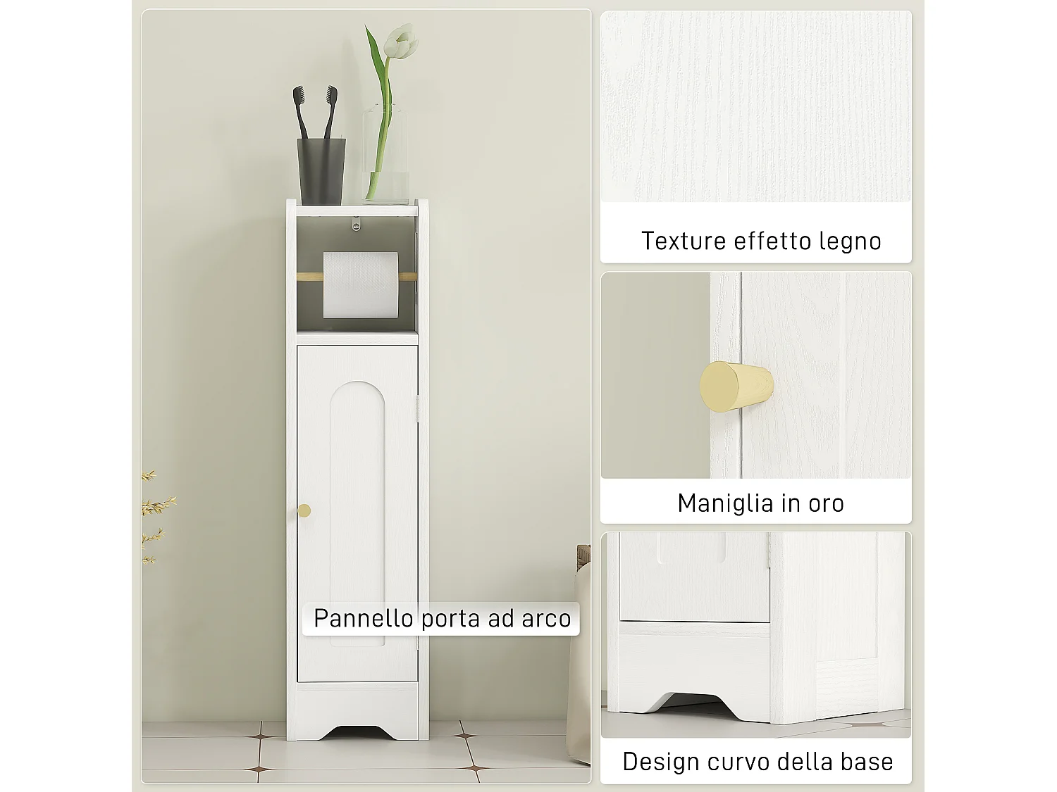 Mobile porta carta igienica in legno con armadietto regolabile bianco