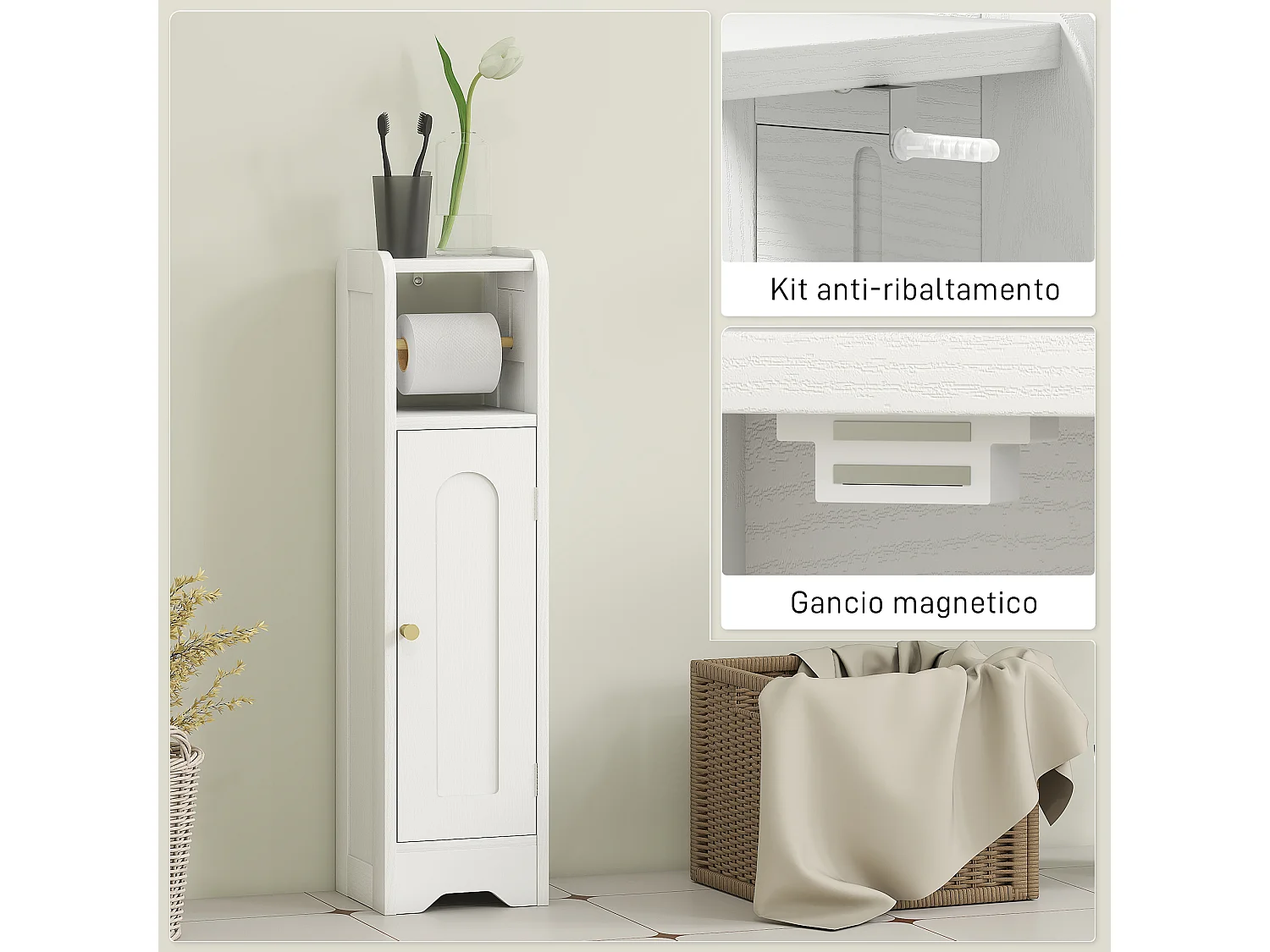 Mobile porta carta igienica in legno con armadietto regolabile bianco