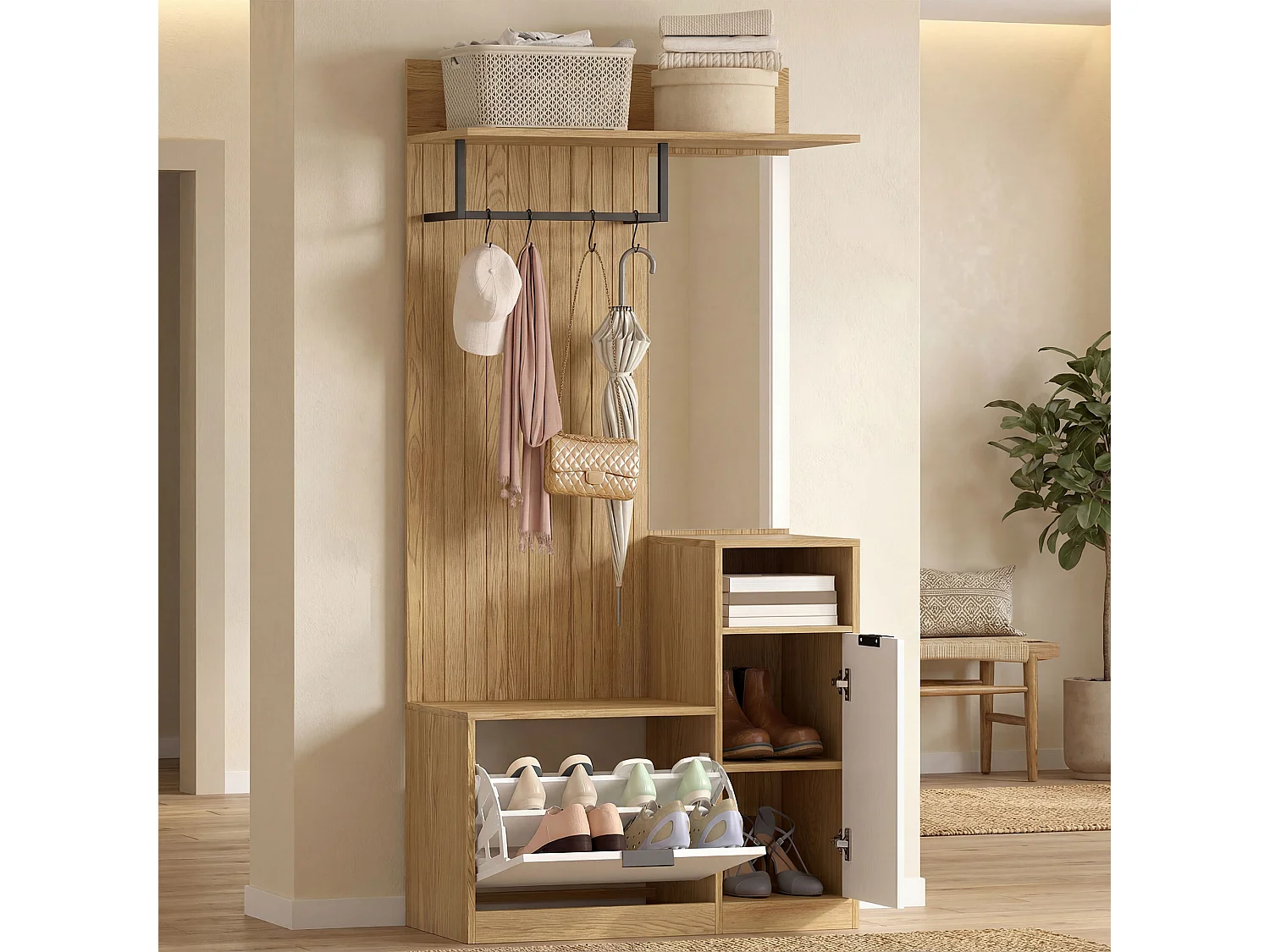 Appendiabiti da ingresso con panca e scarpiera in mdf rovere e bianco