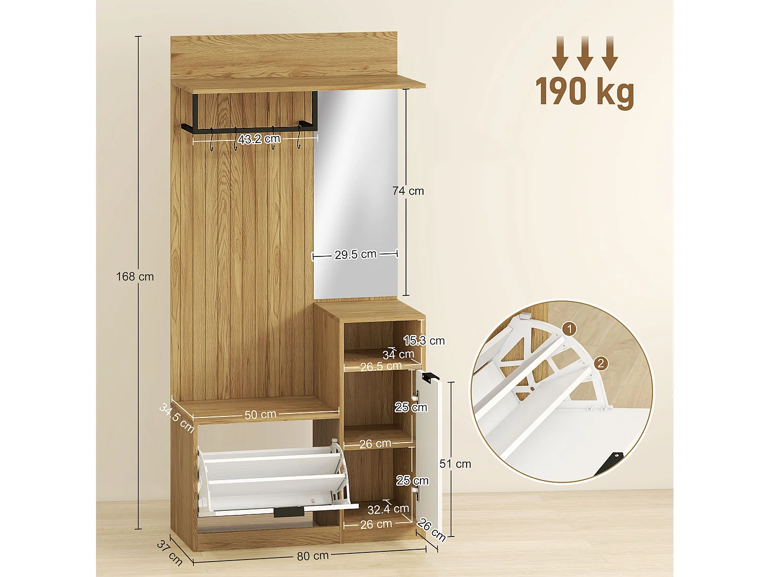 Appendiabiti da ingresso con panca e scarpiera in mdf rovere e bianco