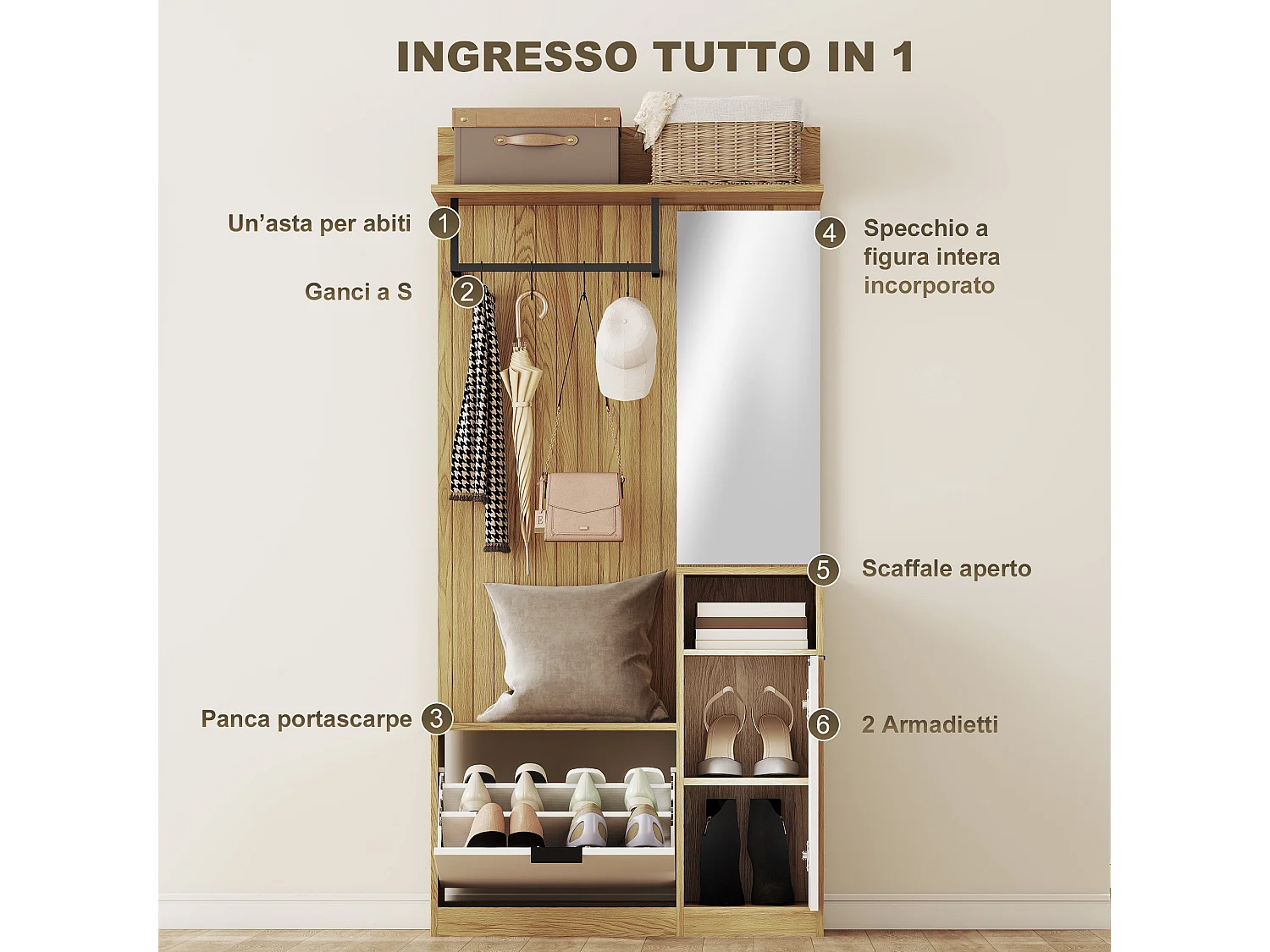 Appendiabiti da ingresso con panca e scarpiera in mdf rovere e bianco