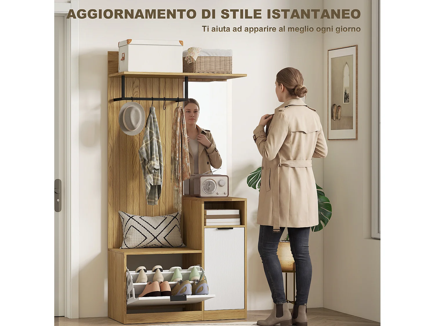 Appendiabiti da ingresso con panca e scarpiera in mdf rovere e bianco