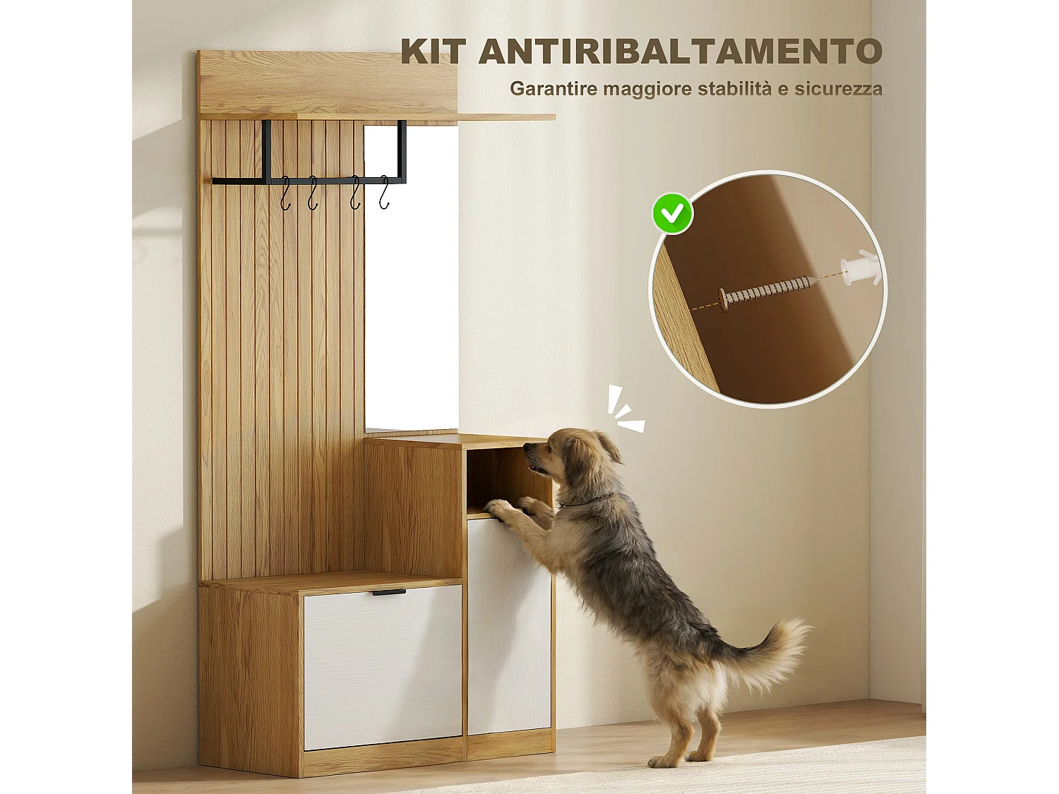 Appendiabiti da ingresso con panca e scarpiera in mdf rovere e bianco