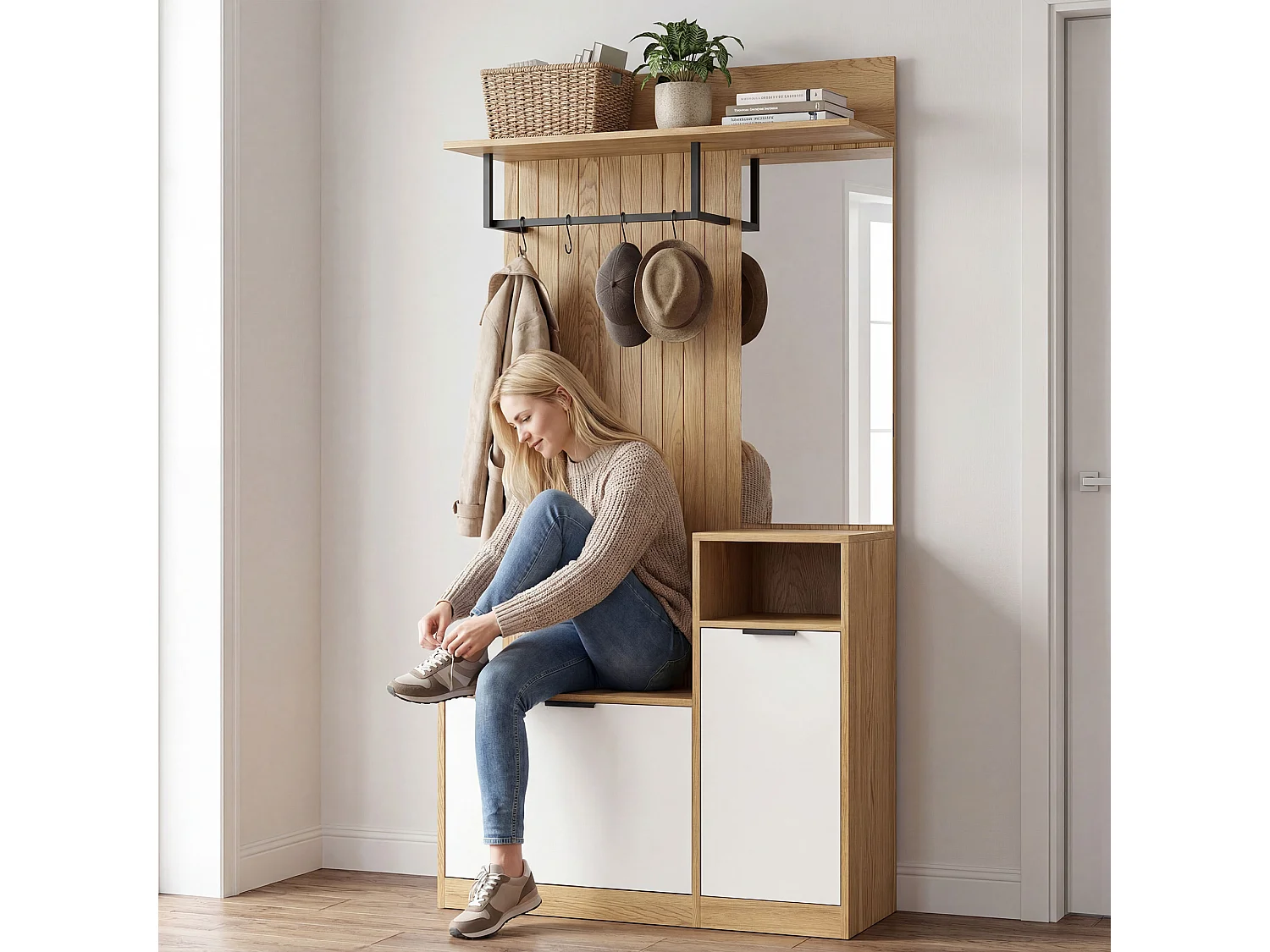 Appendiabiti da ingresso con panca e scarpiera in mdf rovere e bianco