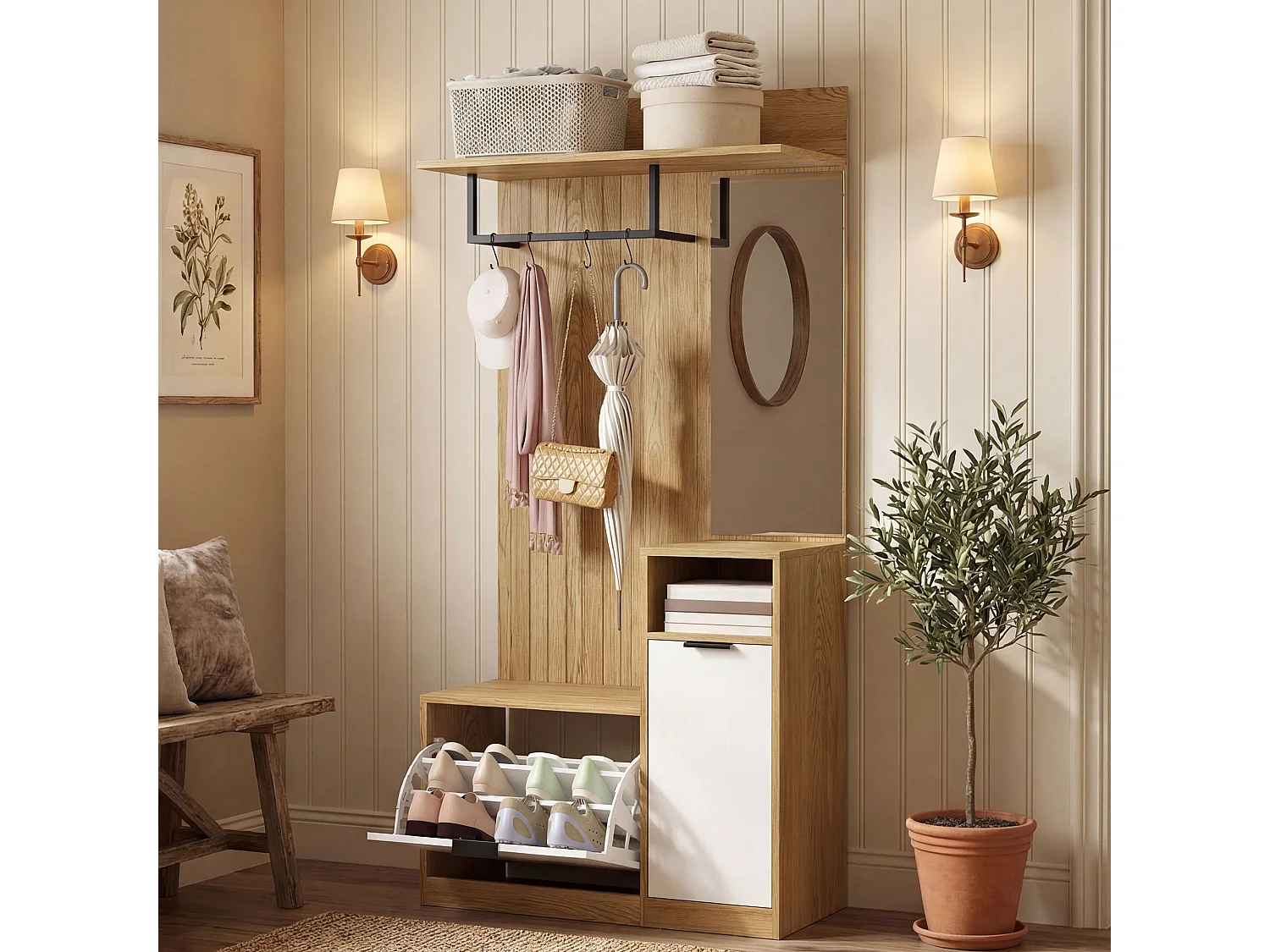 Appendiabiti da ingresso con panca e scarpiera in mdf rovere e bianco