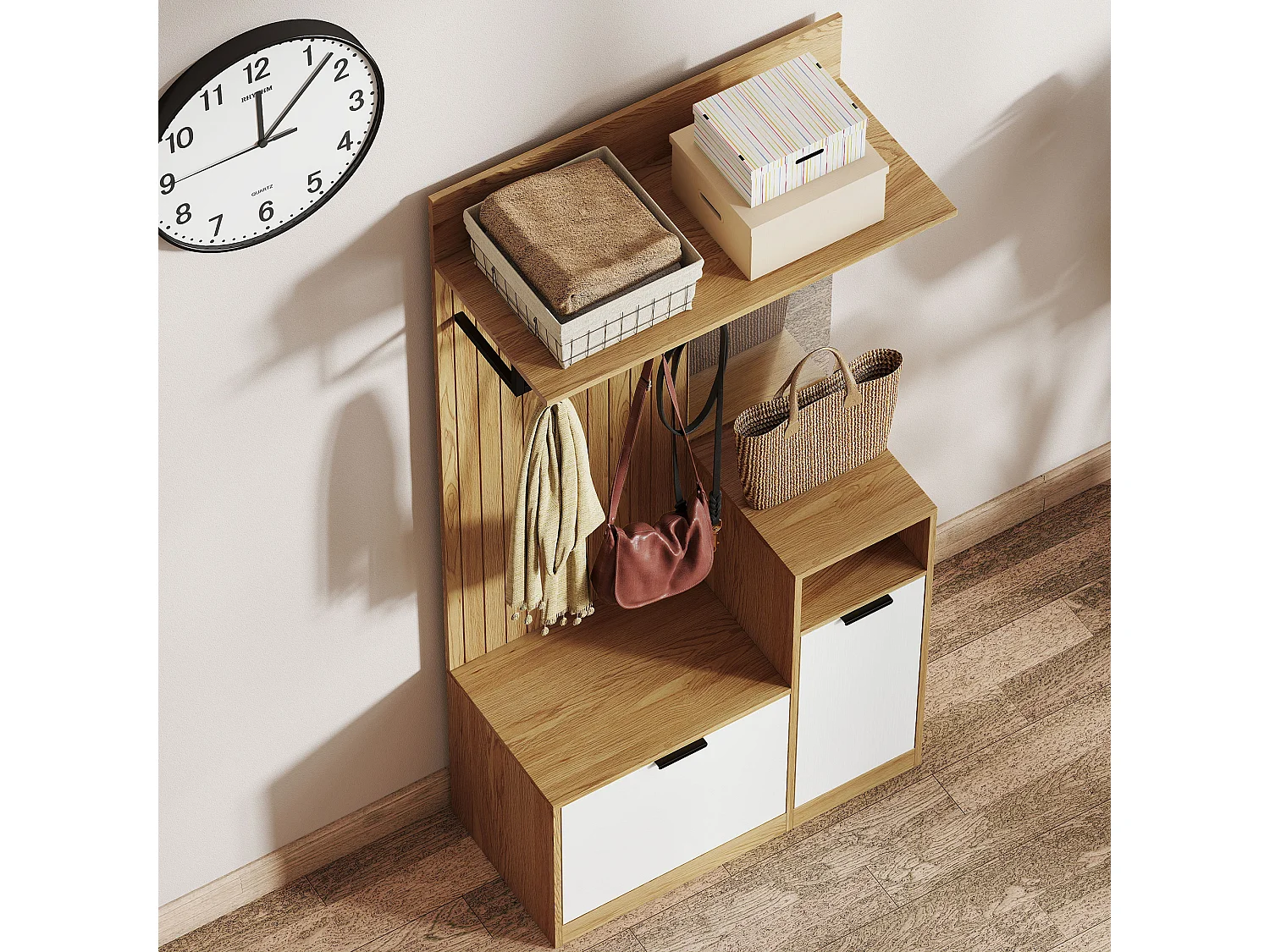 Appendiabiti da ingresso con panca e scarpiera in mdf rovere e bianco
