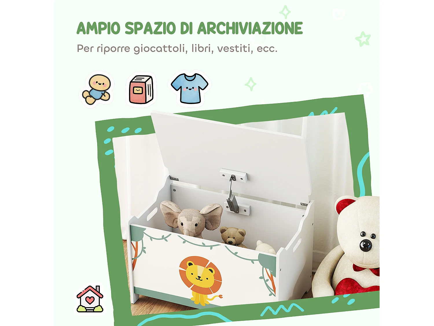 Baule portagiochi con coperchio per bambini verde