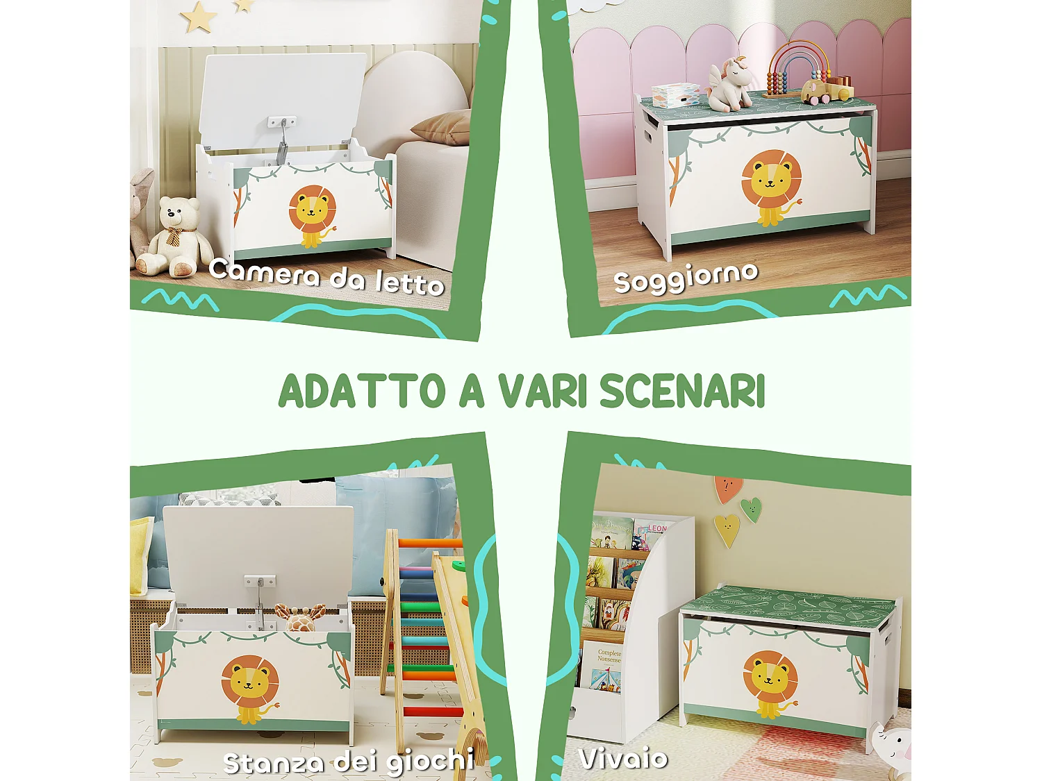 Baule portagiochi con coperchio per bambini verde