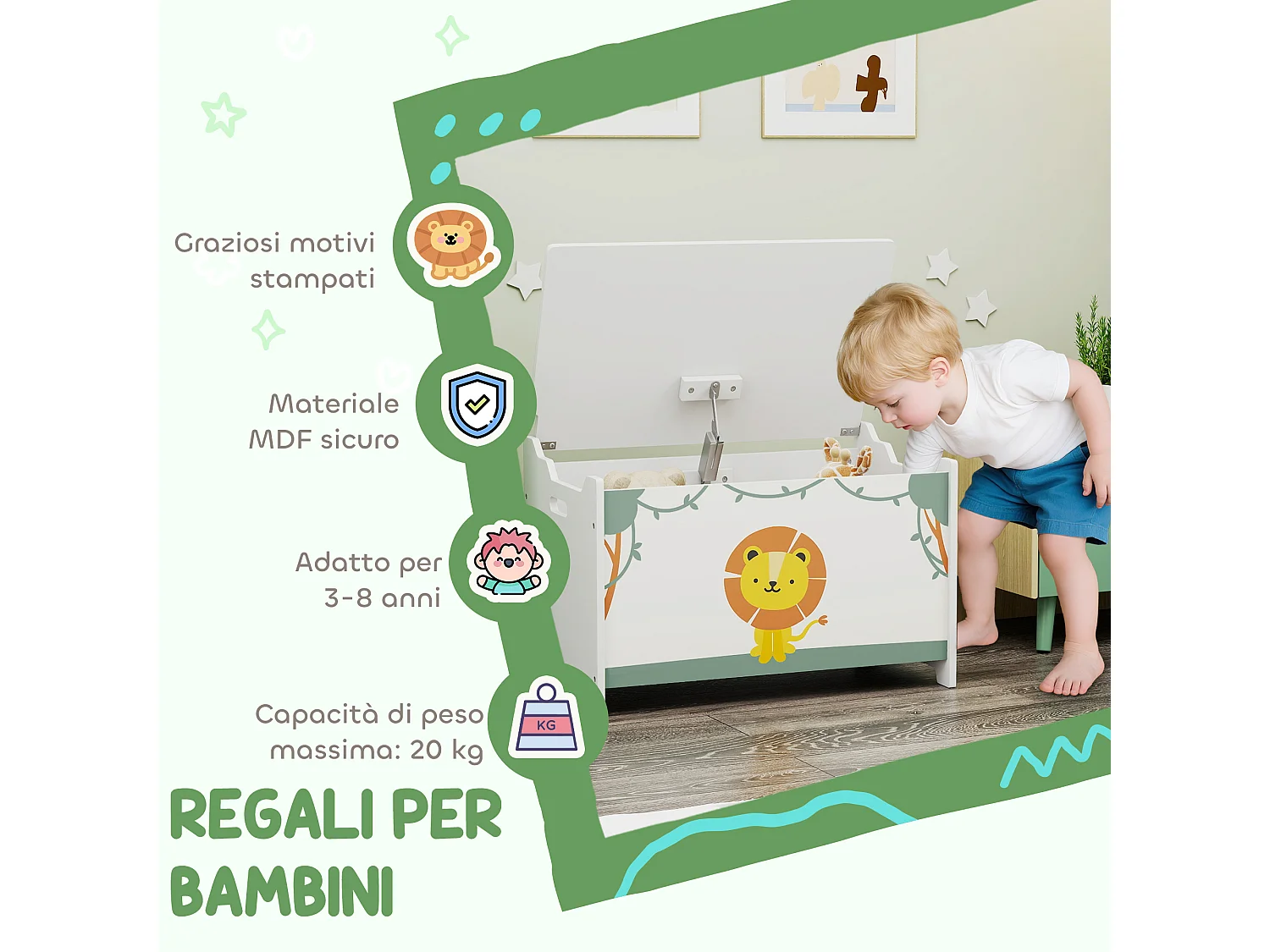 Baule portagiochi con coperchio per bambini verde