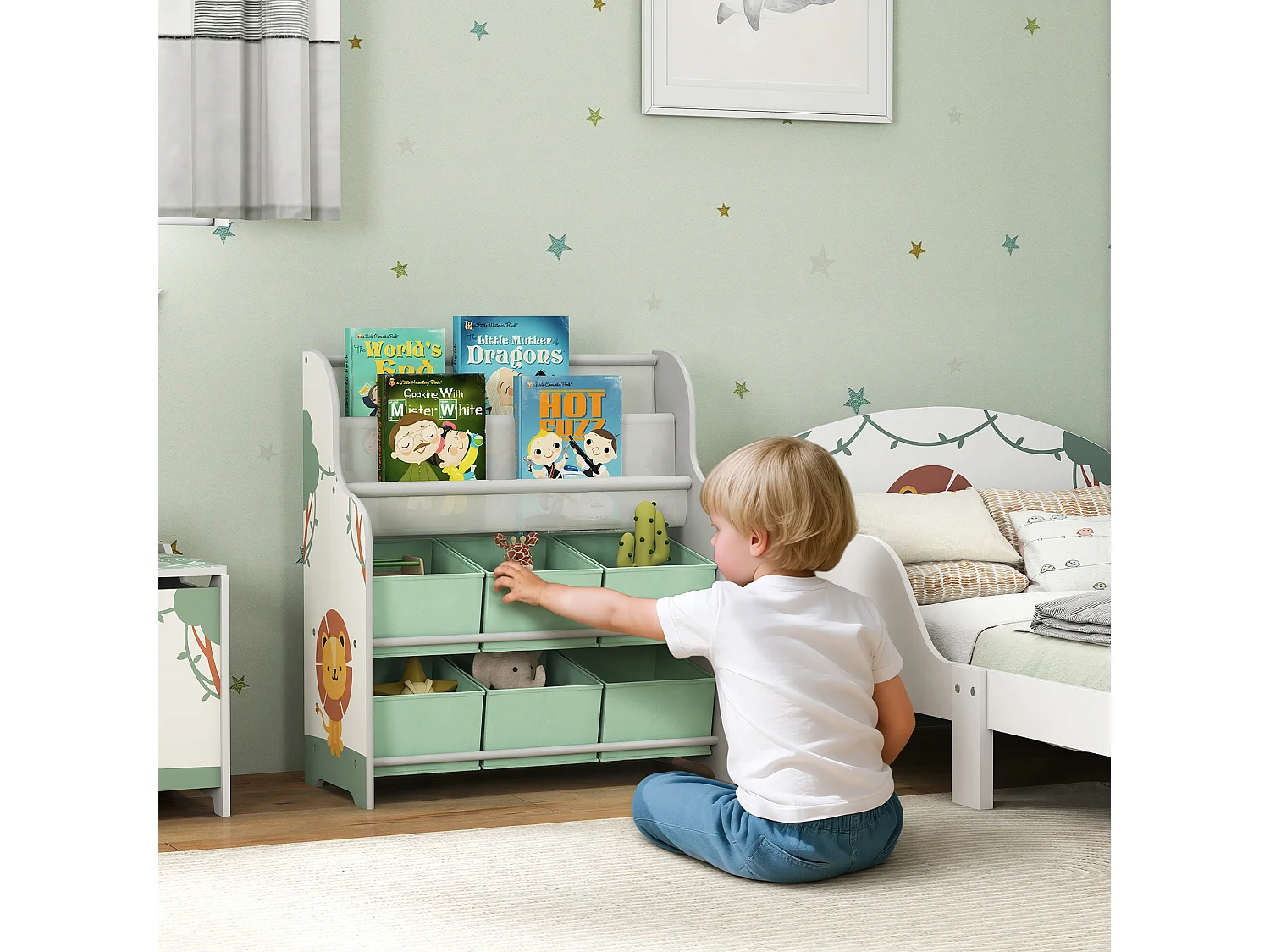 Scaffale portagiochi con 6 cassetti e libreria a 2 livelli verde