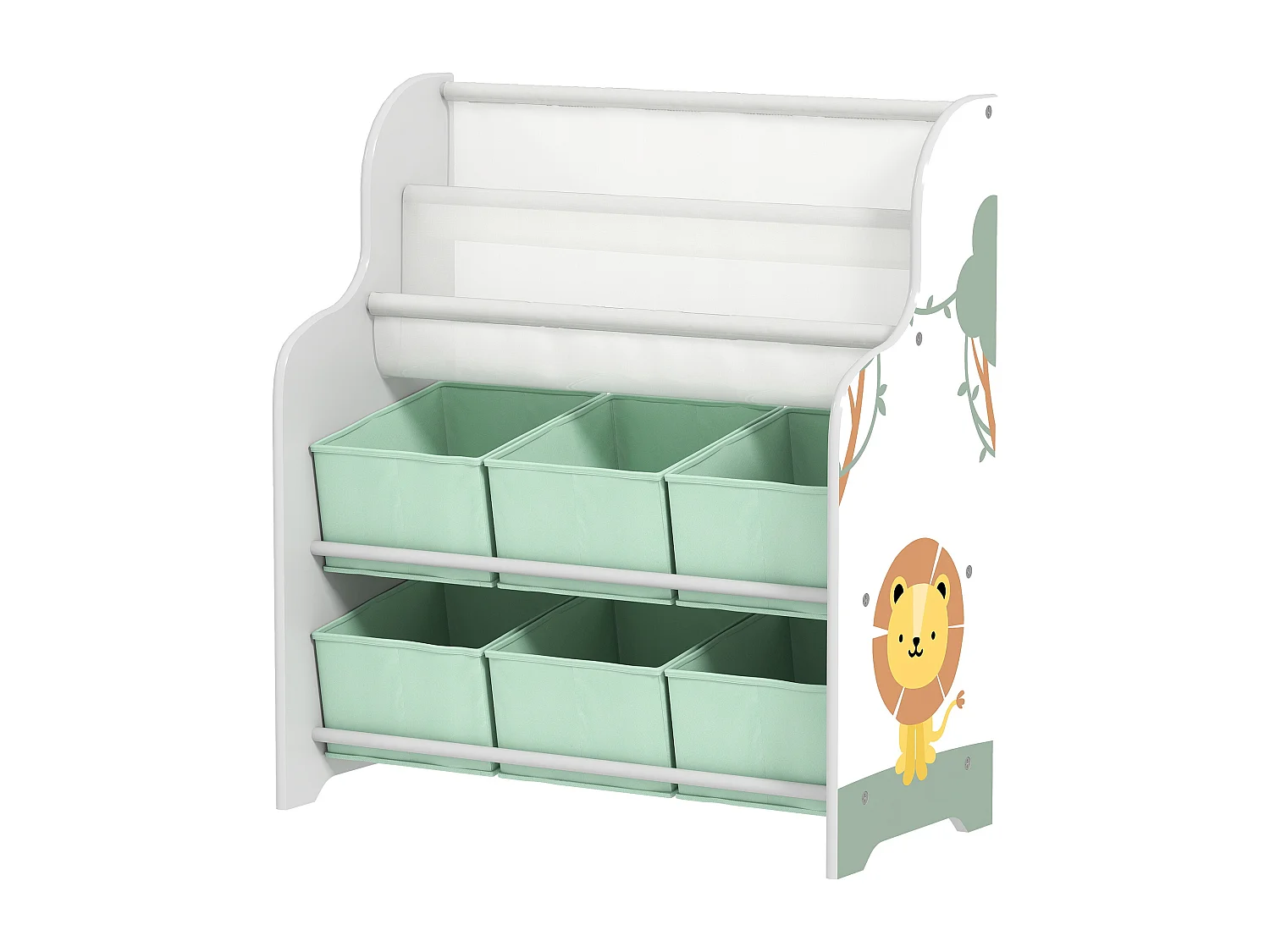 Scaffale portagiochi con 6 cassetti e libreria a 2 livelli verde