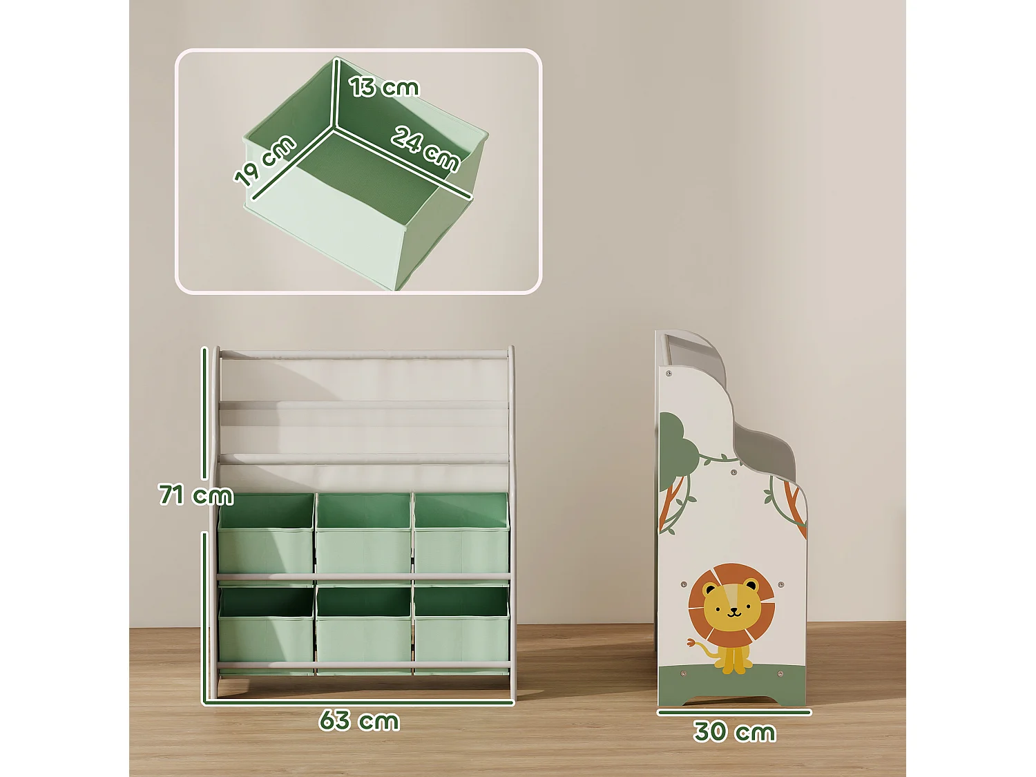 Scaffale portagiochi con 6 cassetti e libreria a 2 livelli verde