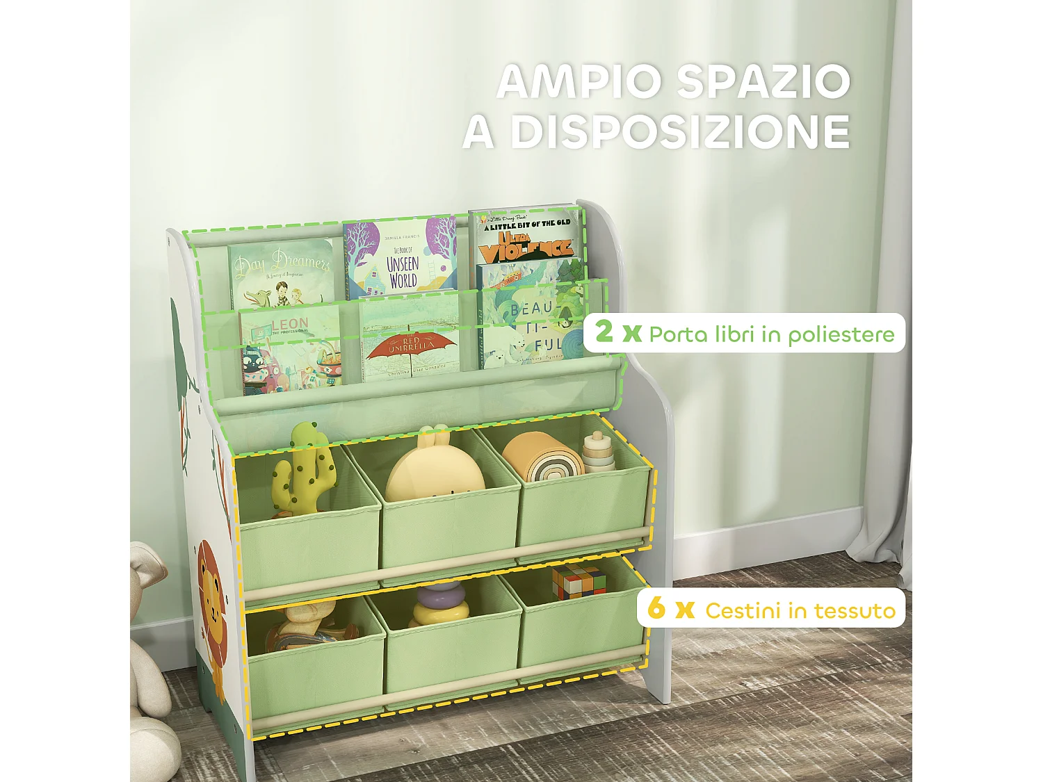 Scaffale portagiochi con 6 cassetti e libreria a 2 livelli verde