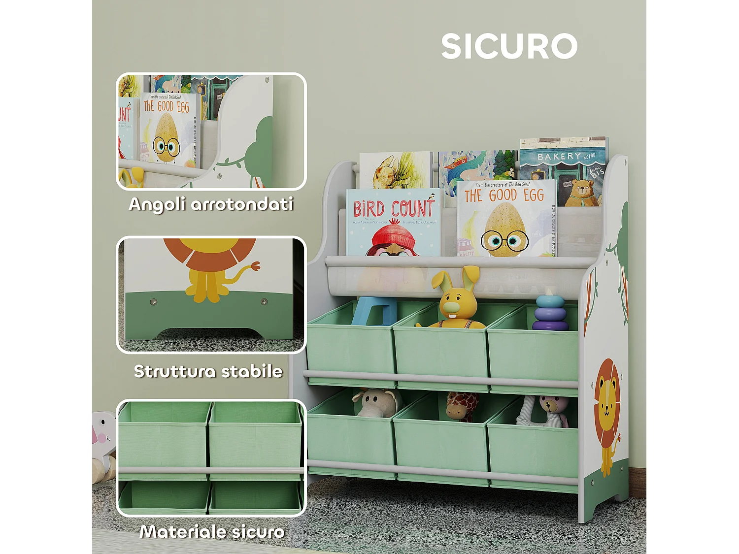 Scaffale portagiochi con 6 cassetti e libreria a 2 livelli verde