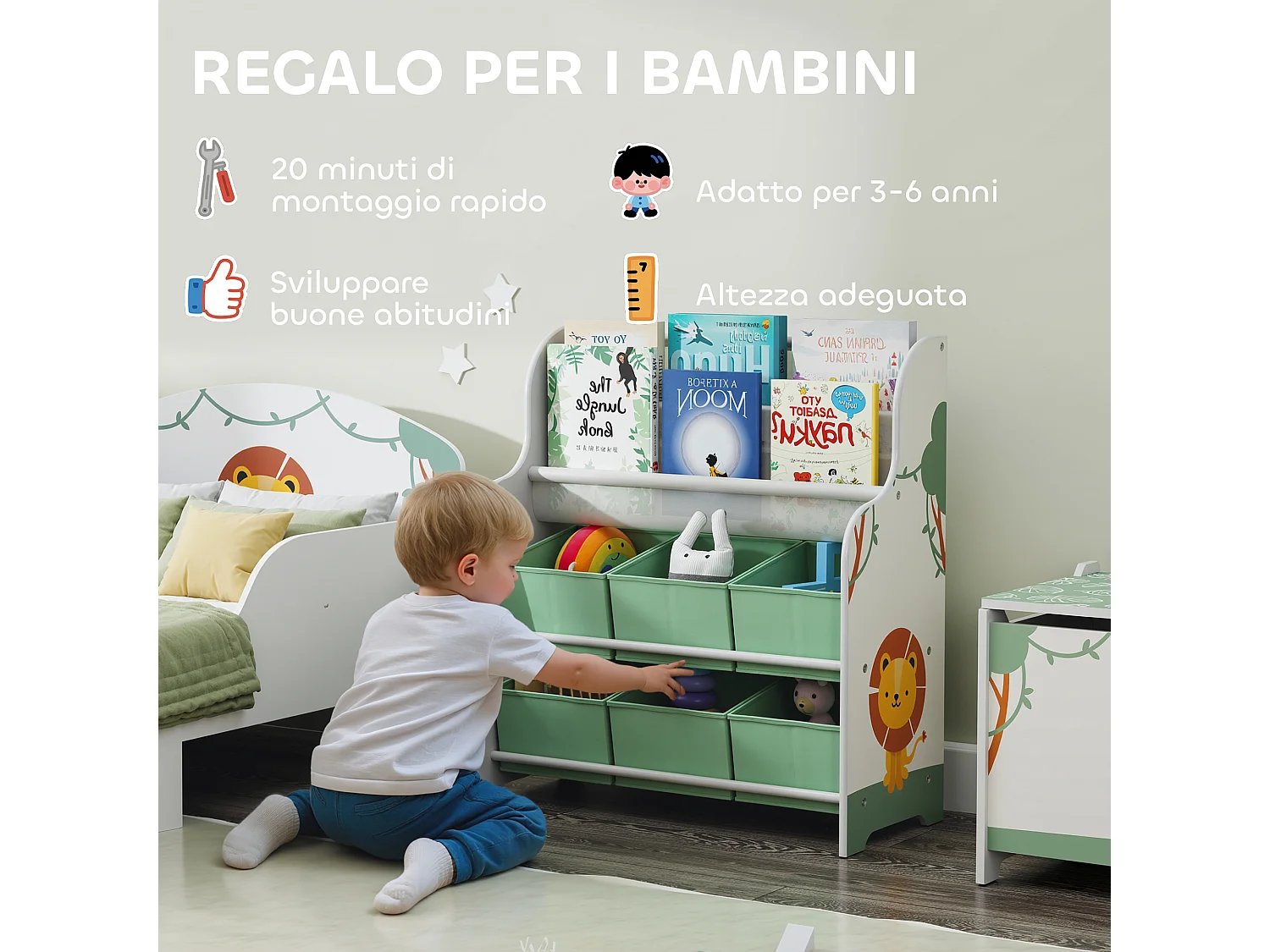 Scaffale portagiochi con 6 cassetti e libreria a 2 livelli verde