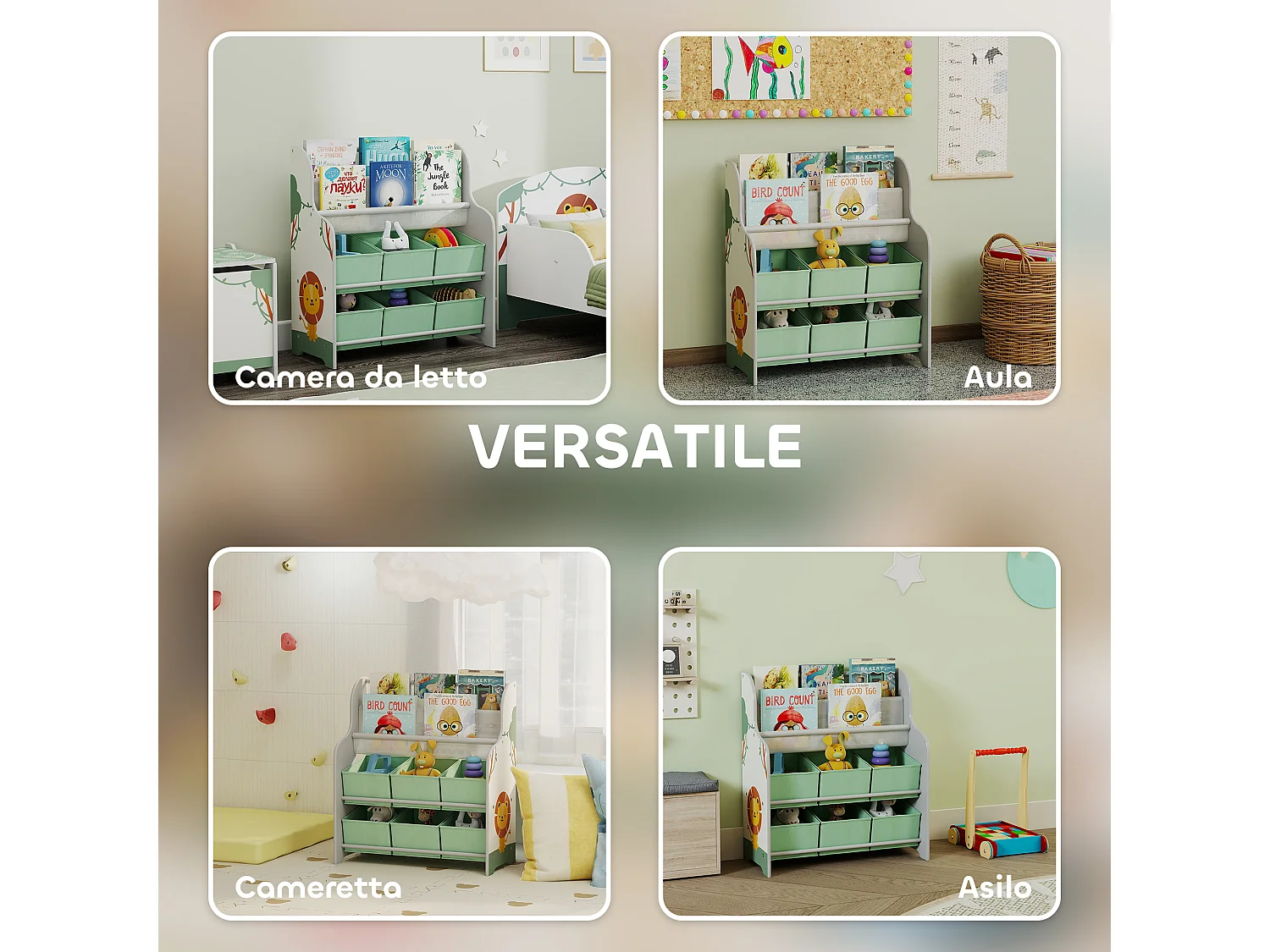 Scaffale portagiochi con 6 cassetti e libreria a 2 livelli verde