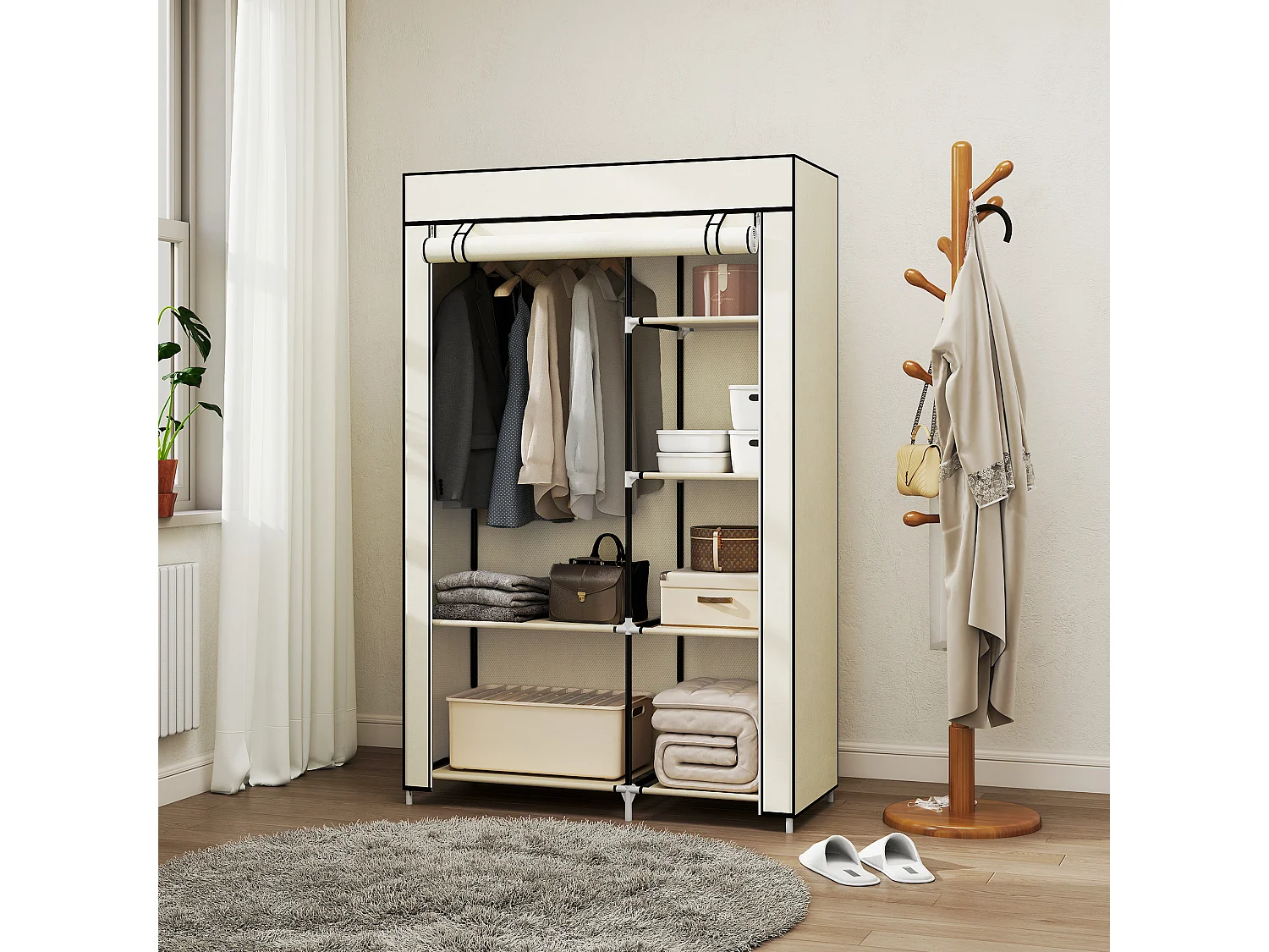 Armadio portatile salvaspazio in tessuto non tessuto e acciaio crema