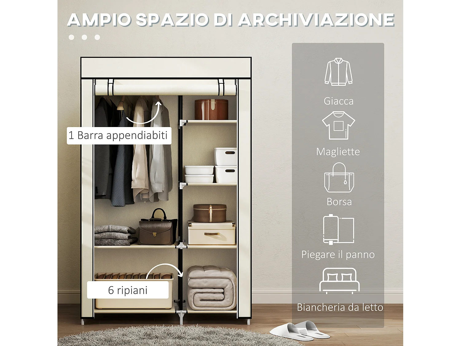 Armadio portatile salvaspazio in tessuto non tessuto e acciaio crema