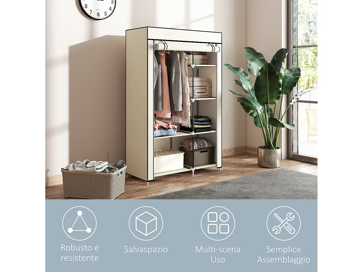 Armadio portatile salvaspazio in tessuto non tessuto e acciaio crema