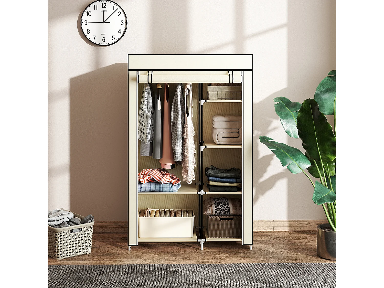 Armadio portatile salvaspazio in tessuto non tessuto e acciaio crema