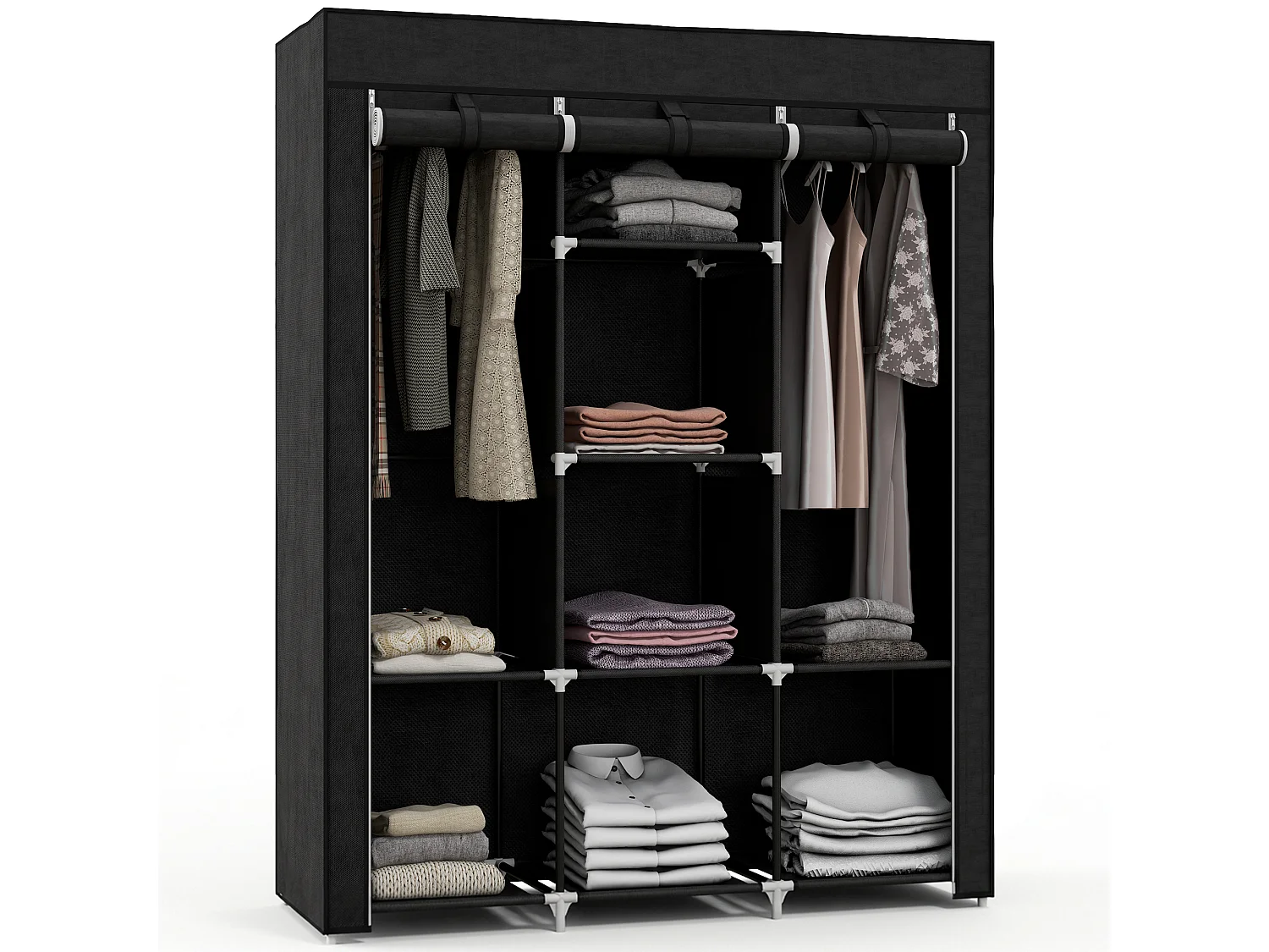 Guardaroba in tessuto con 8 ripiani in acciaio e pp nero