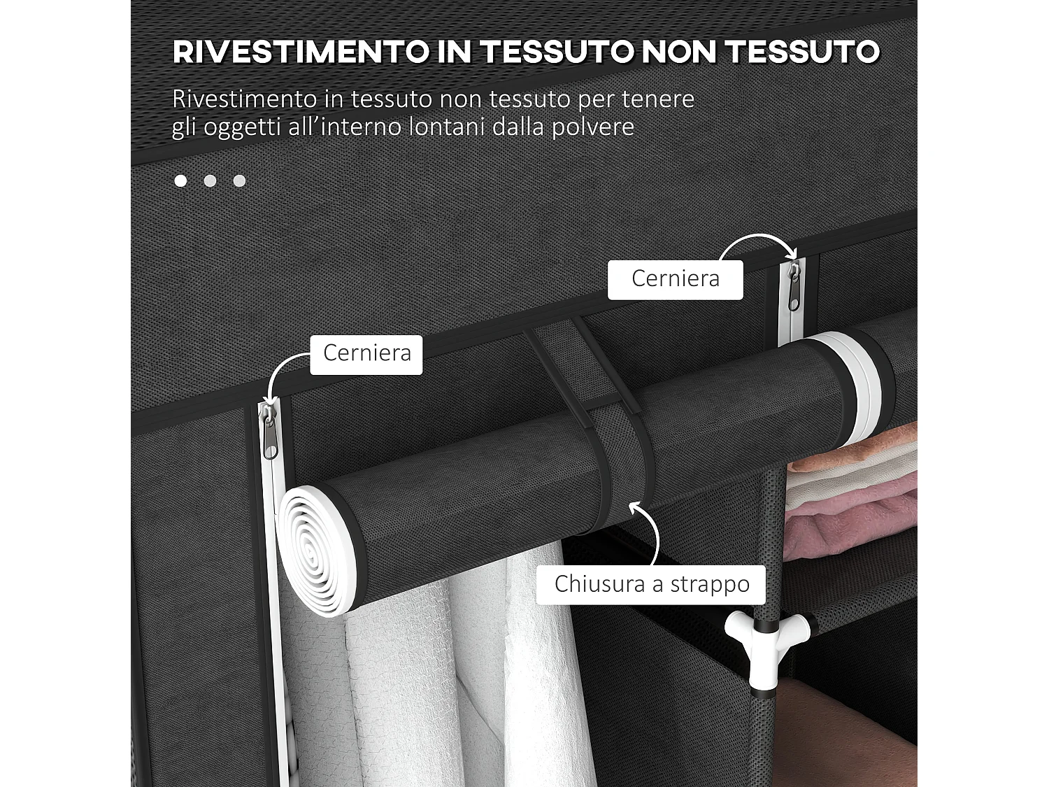 Guardaroba in tessuto con 8 ripiani in acciaio e pp nero