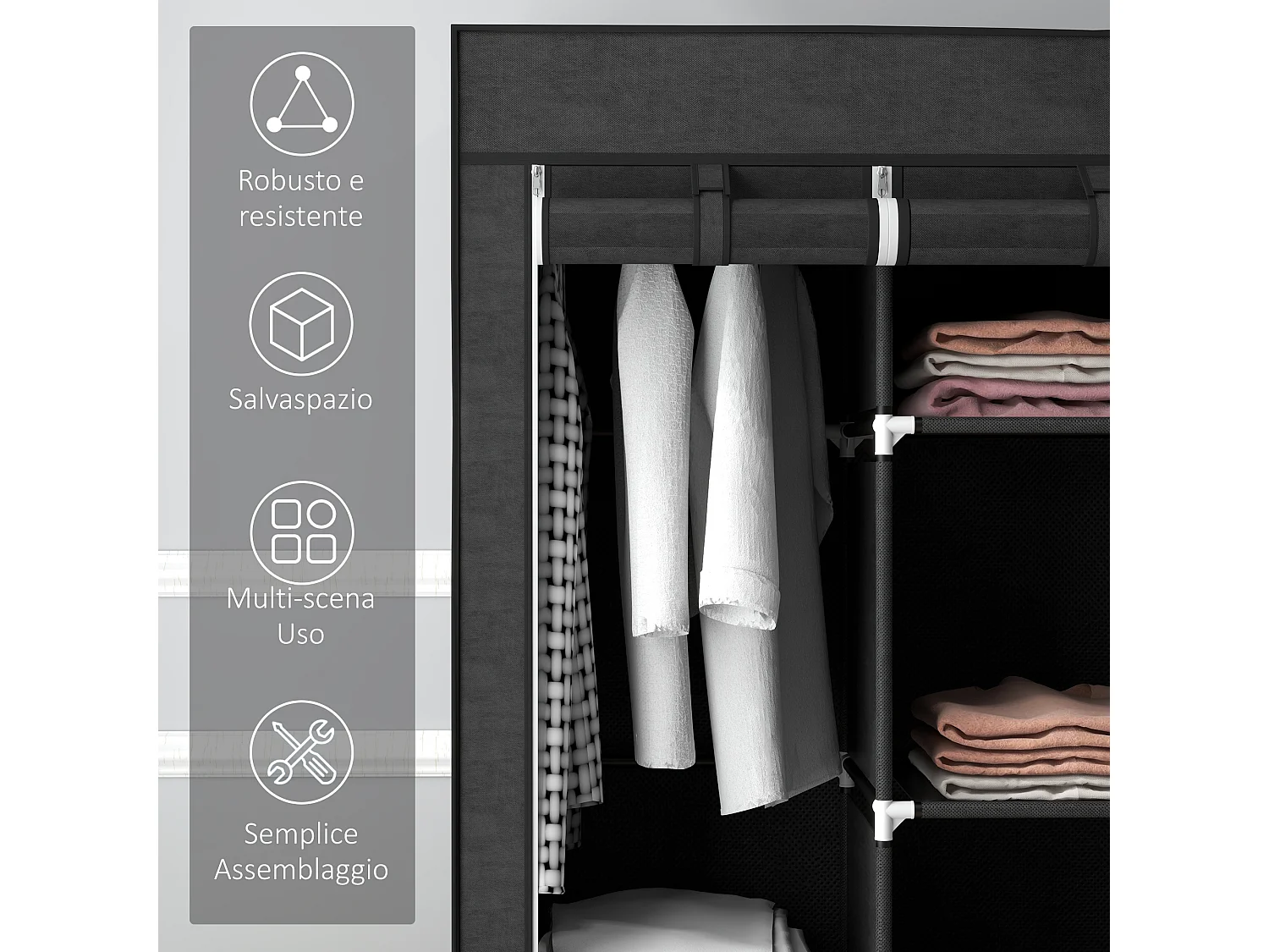 Guardaroba in tessuto con 8 ripiani in acciaio e pp nero