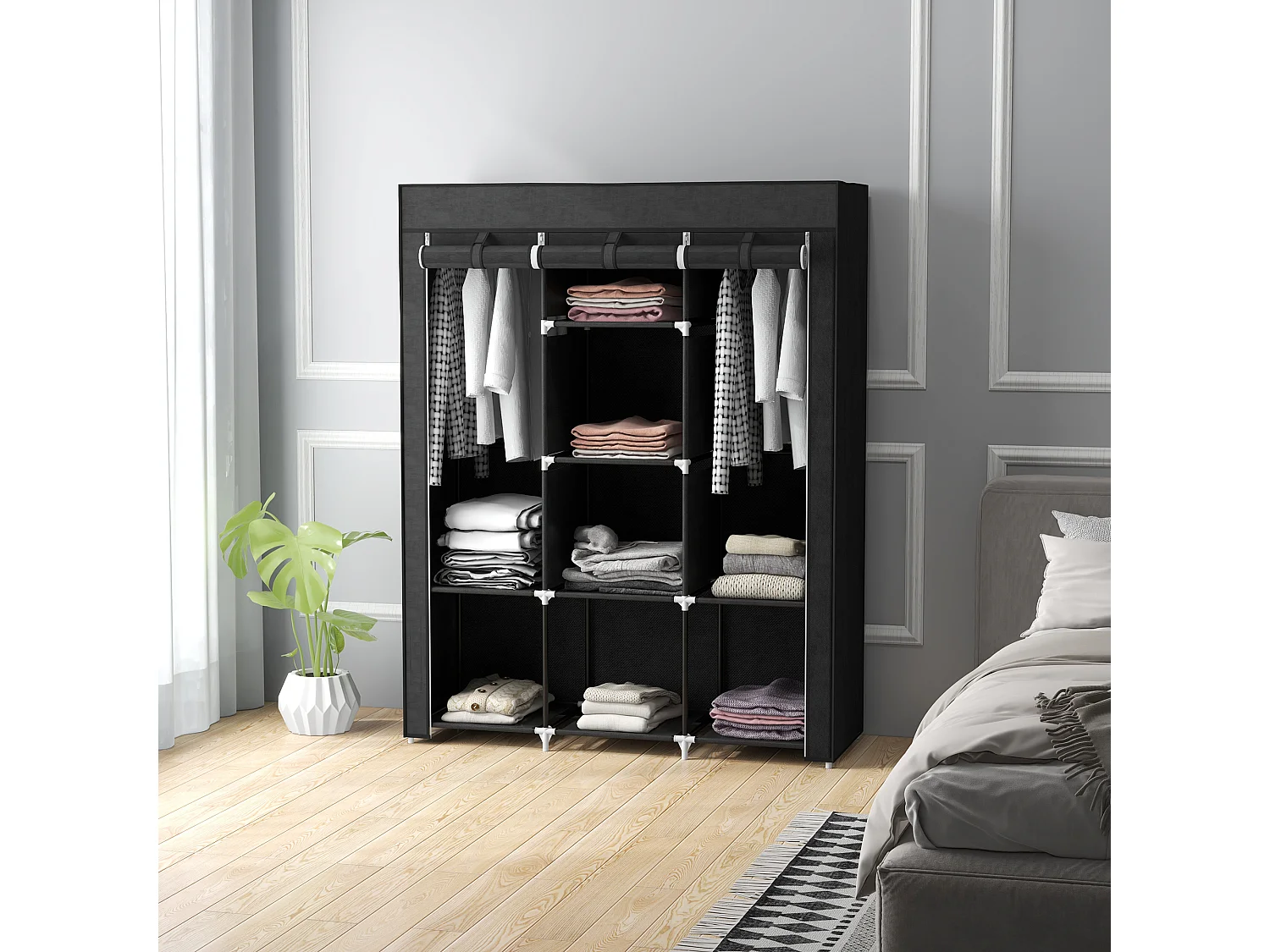 Guardaroba in tessuto con 8 ripiani in acciaio e pp nero