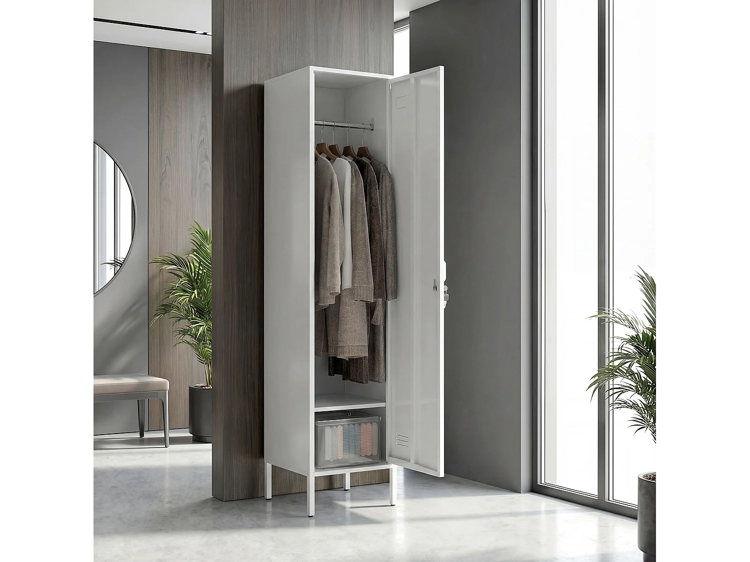 Armadietto metallico con portanome e asta appendiabiti bianco